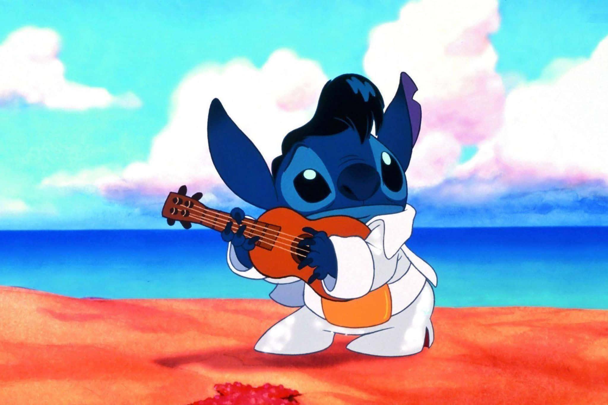 Stitch, ukulele, orange beach, Full HD Desktop Wallpaper