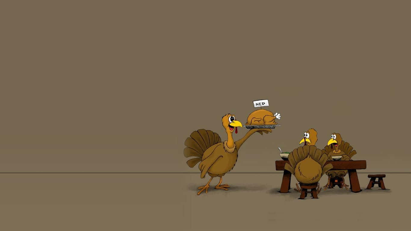 cartoon turkey, roasted turkey, wooden table, HD Desktop Wallpaper