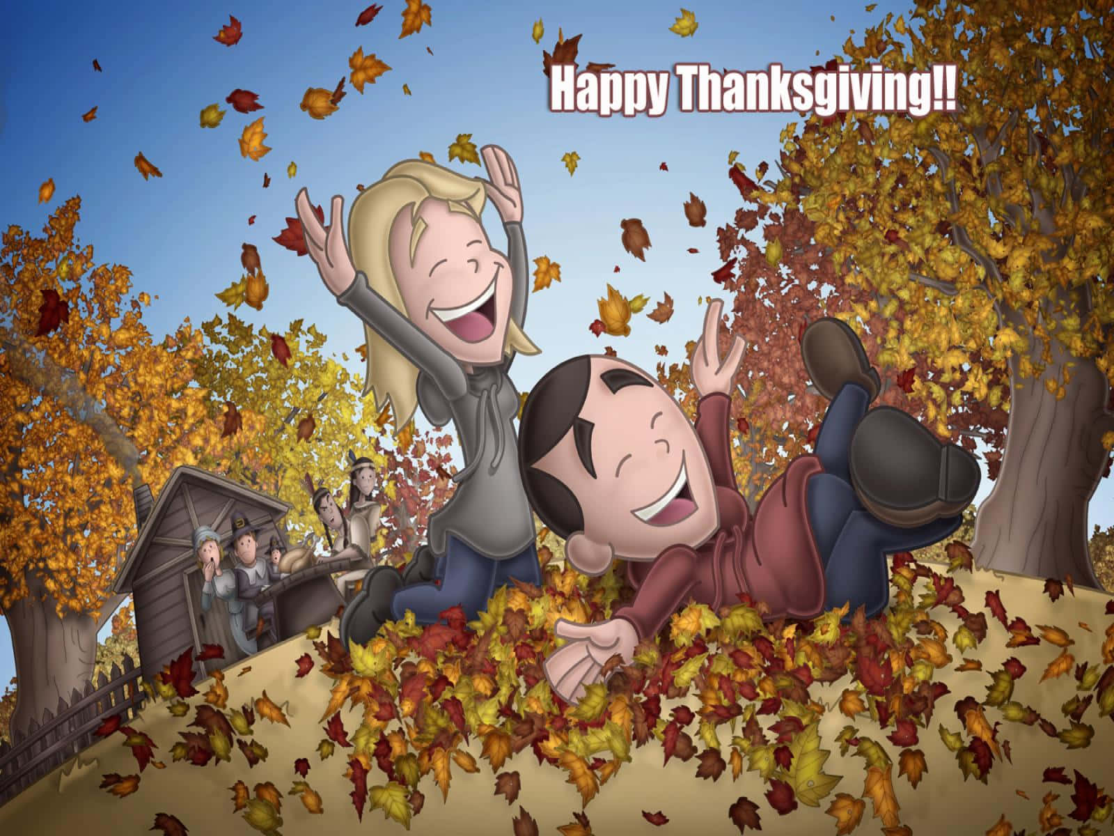 autumn leaf pile, golden trees, cartoon children, HD Desktop Wallpaper