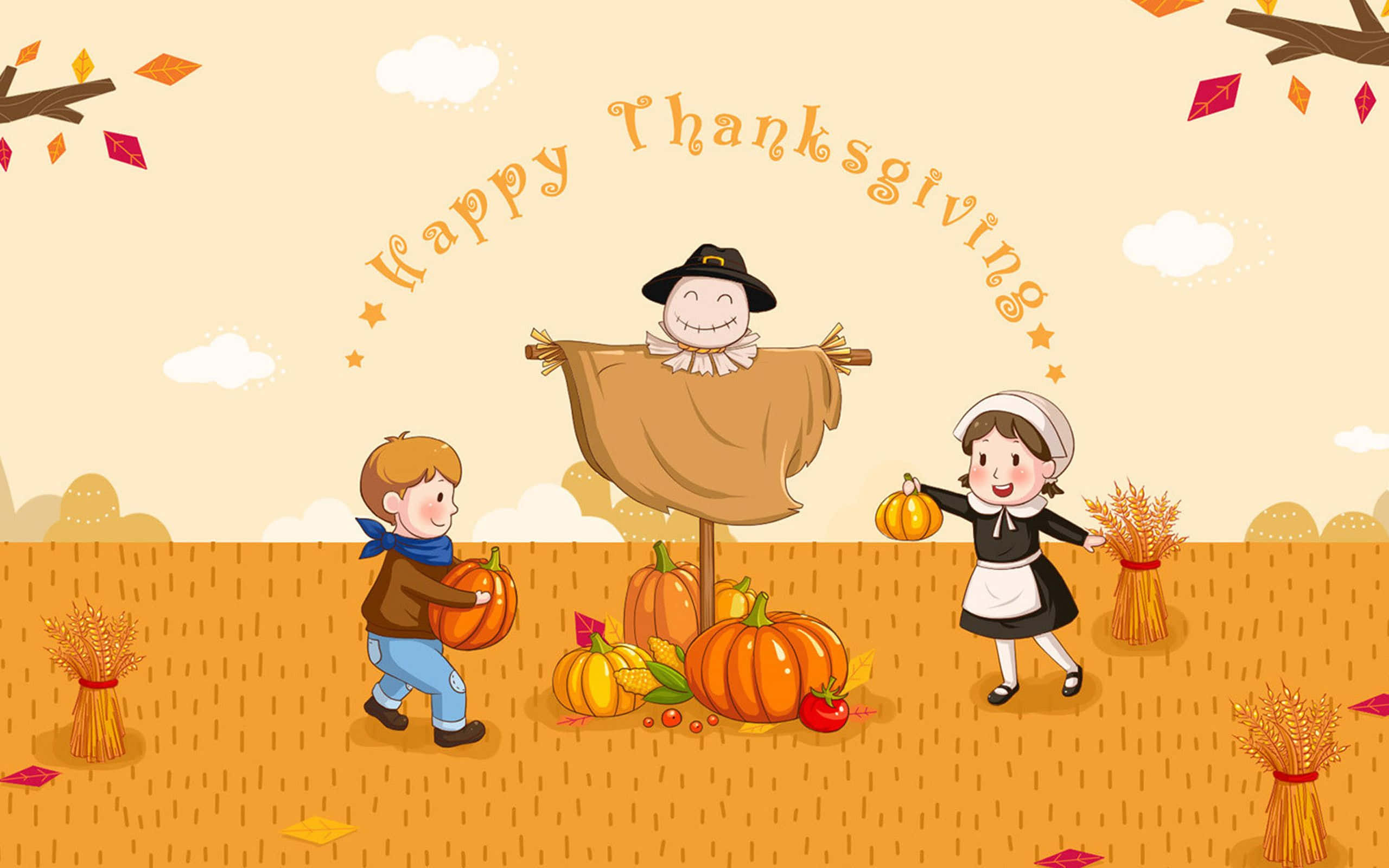 Happy Thanksgiving, scarecrow, autumn field, 2K Desktop Wallpaper
