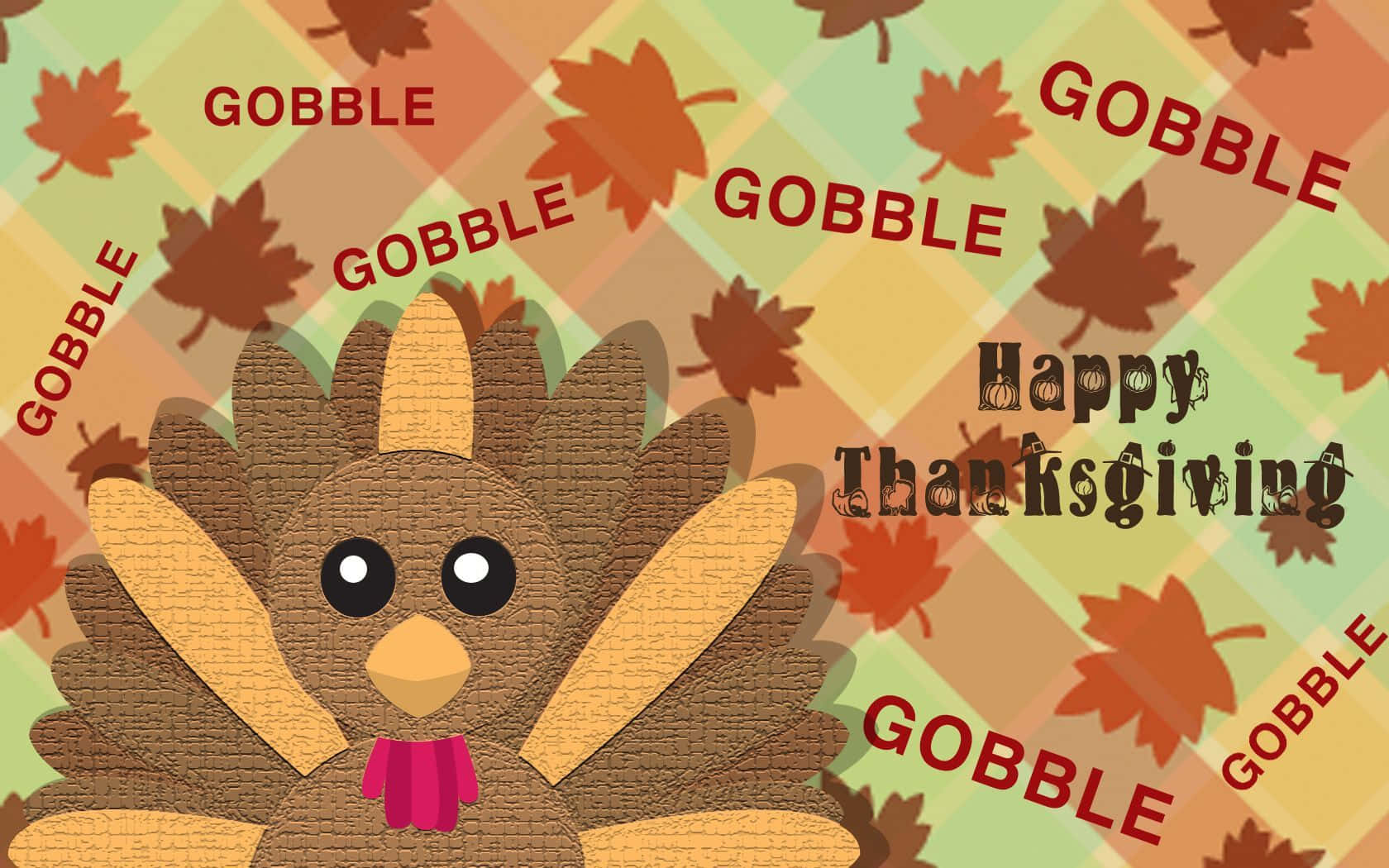 cartoon turkey, pink bow, plaid background, HD Desktop Wallpaper