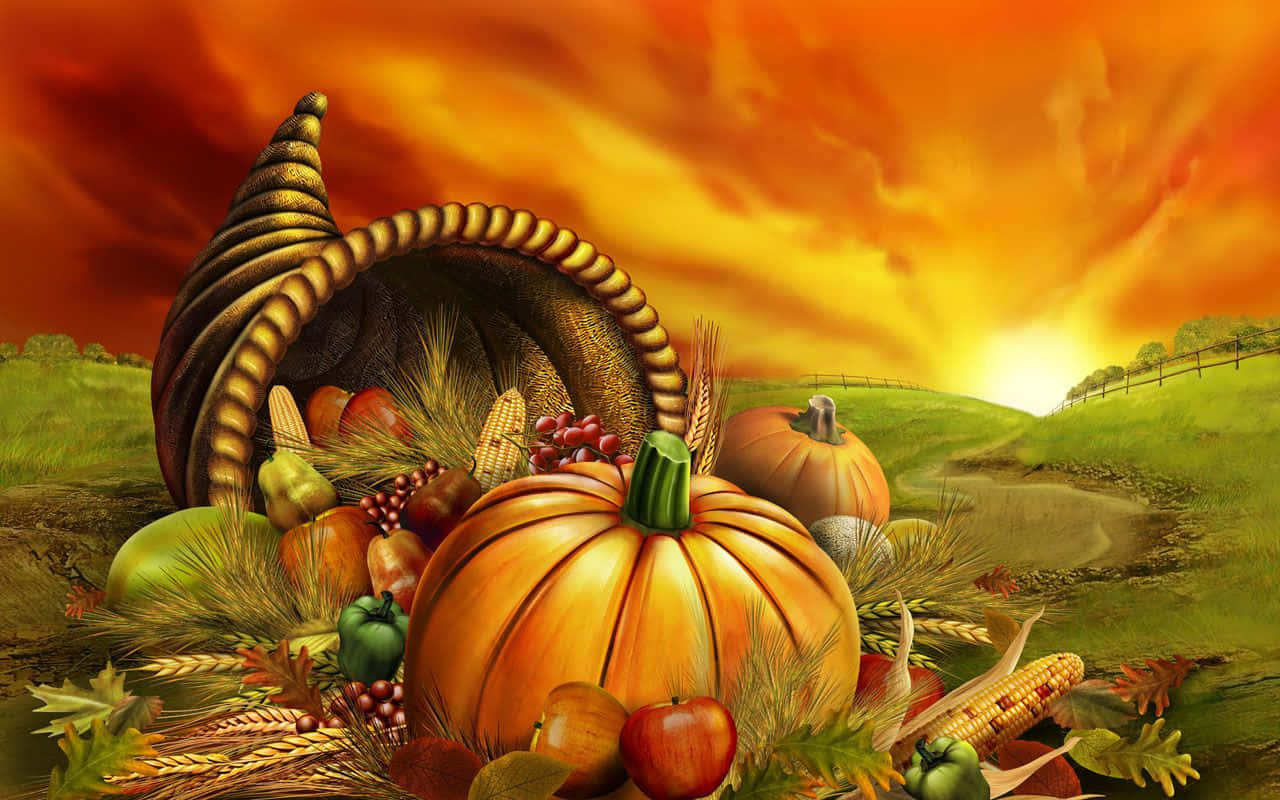 cornucopia, pumpkins, apples, HD Desktop Wallpaper