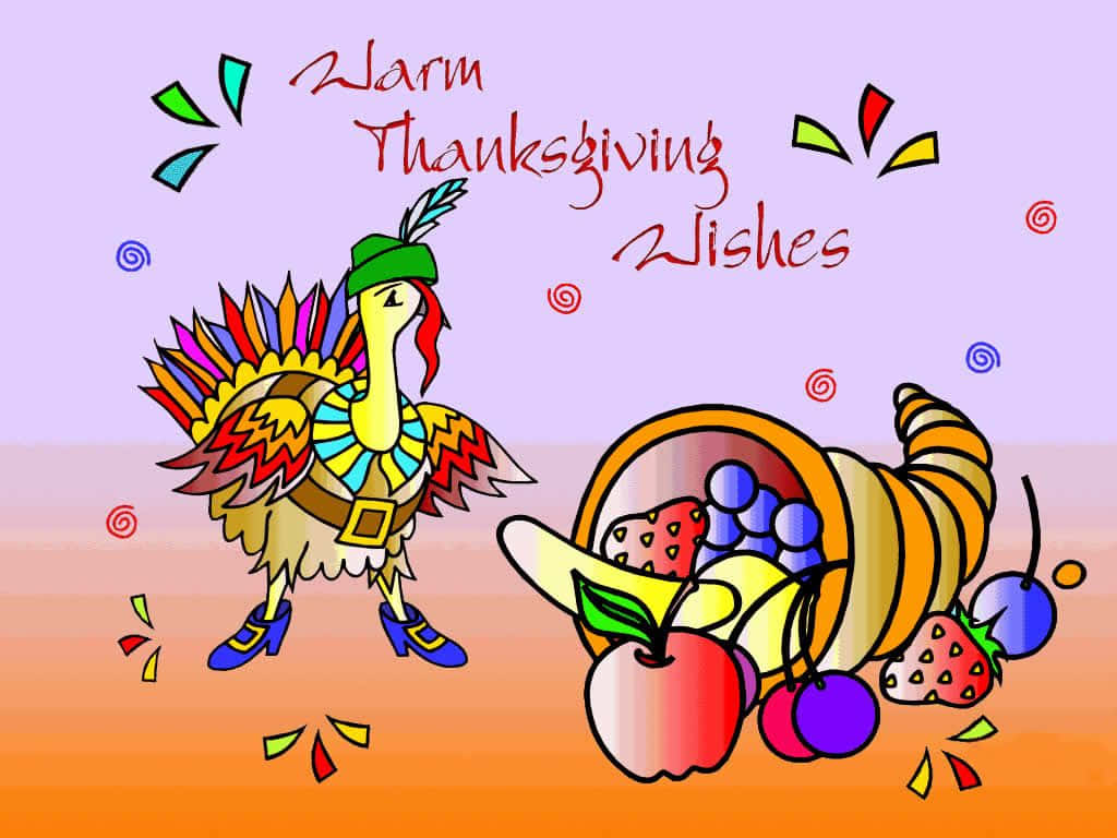 colorful cartoon turkey, green hat, cornucopia, SD Desktop Wallpaper