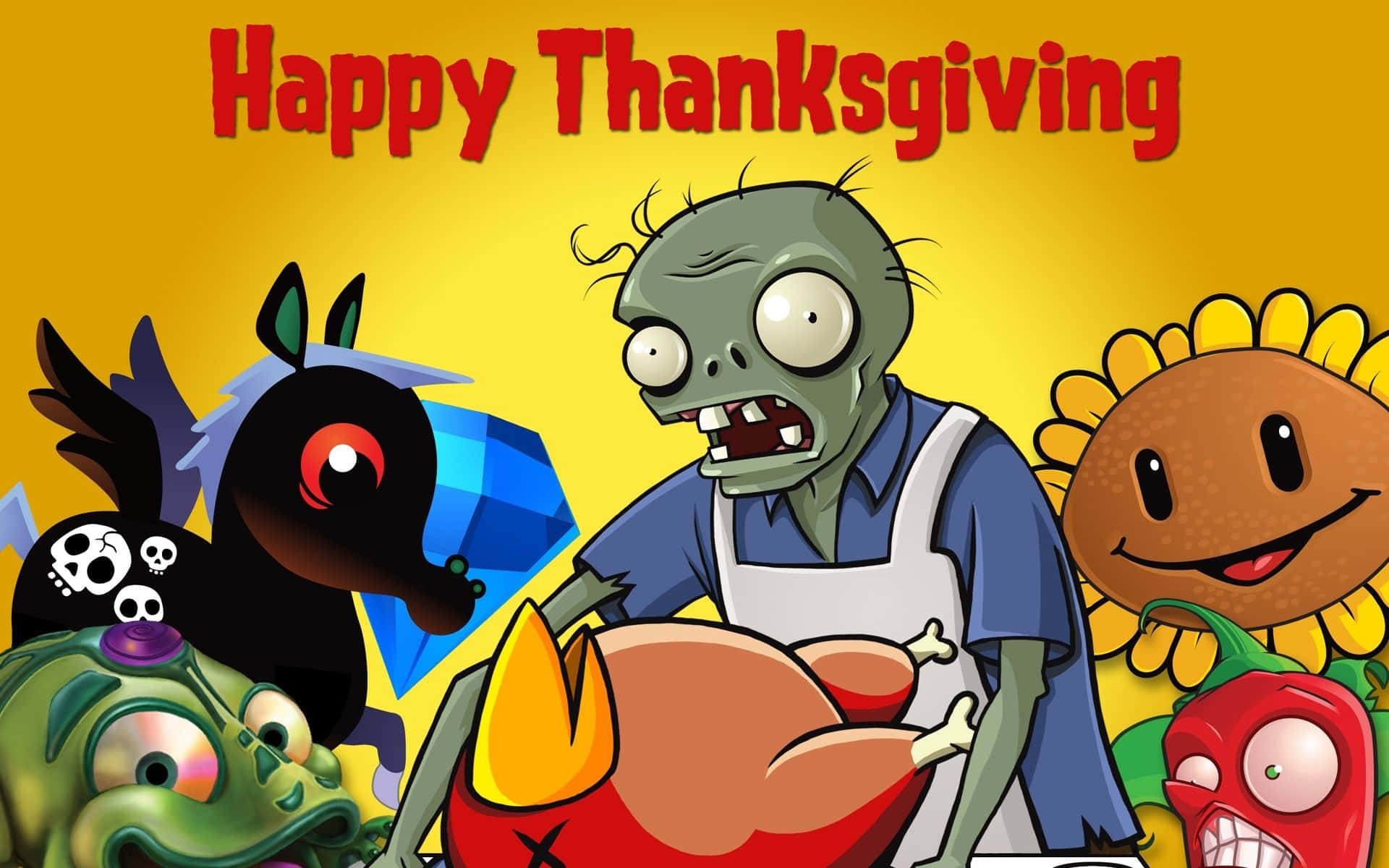 Cartoon zombies, plants, roasted turkey, Full HD Desktop Wallpaper