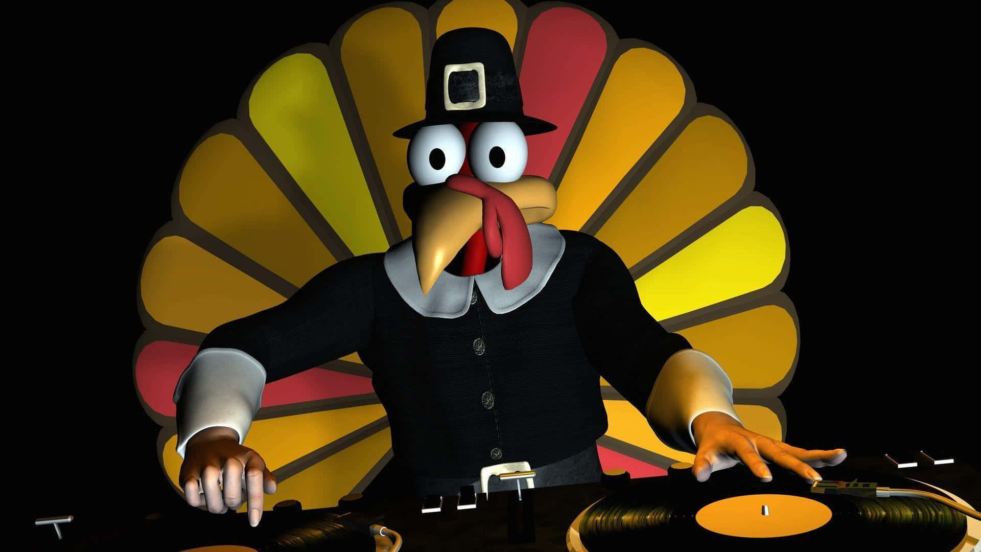 cartoon turkey, pilgrim hat, black jacket, Full HD Desktop Wallpaper