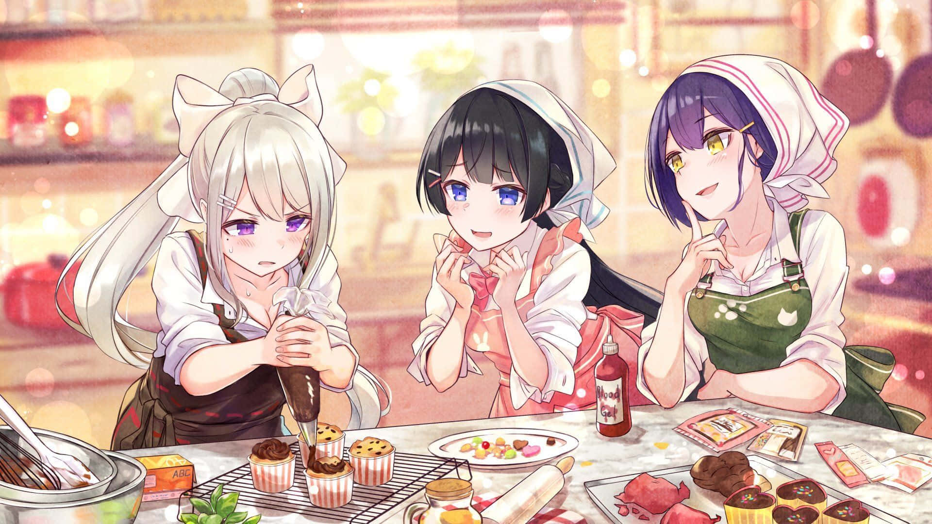 anime girls, aprons, bake cupcakes, Full HD Desktop Wallpaper