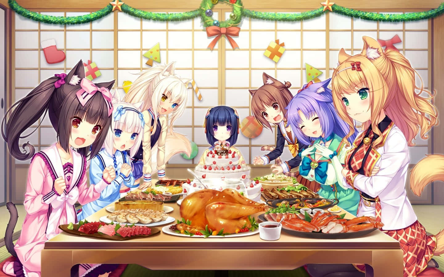 Anime Girls, animal ears, roasted turkey cake, HD Desktop Wallpaper