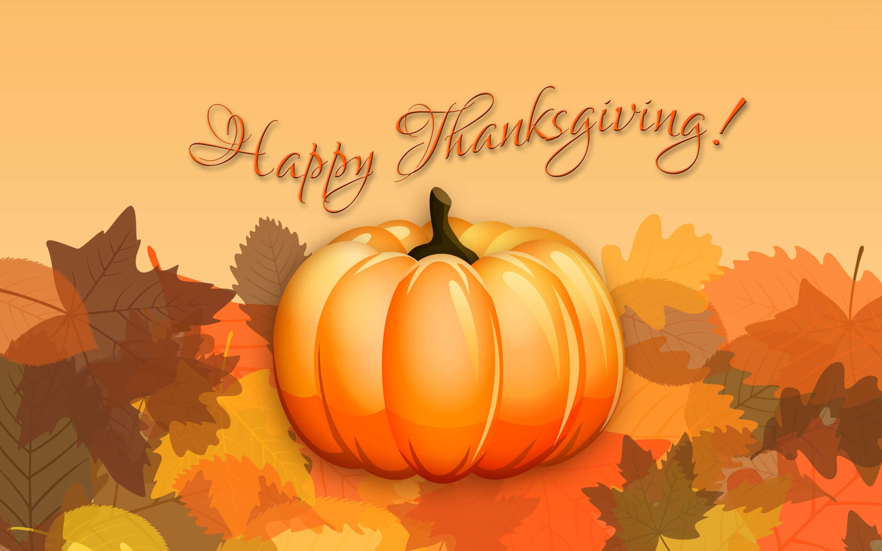 Happy Thanksgiving!, glossy orange pumpkin, vibrant autumn leaves, 2K Desktop Wallpaper