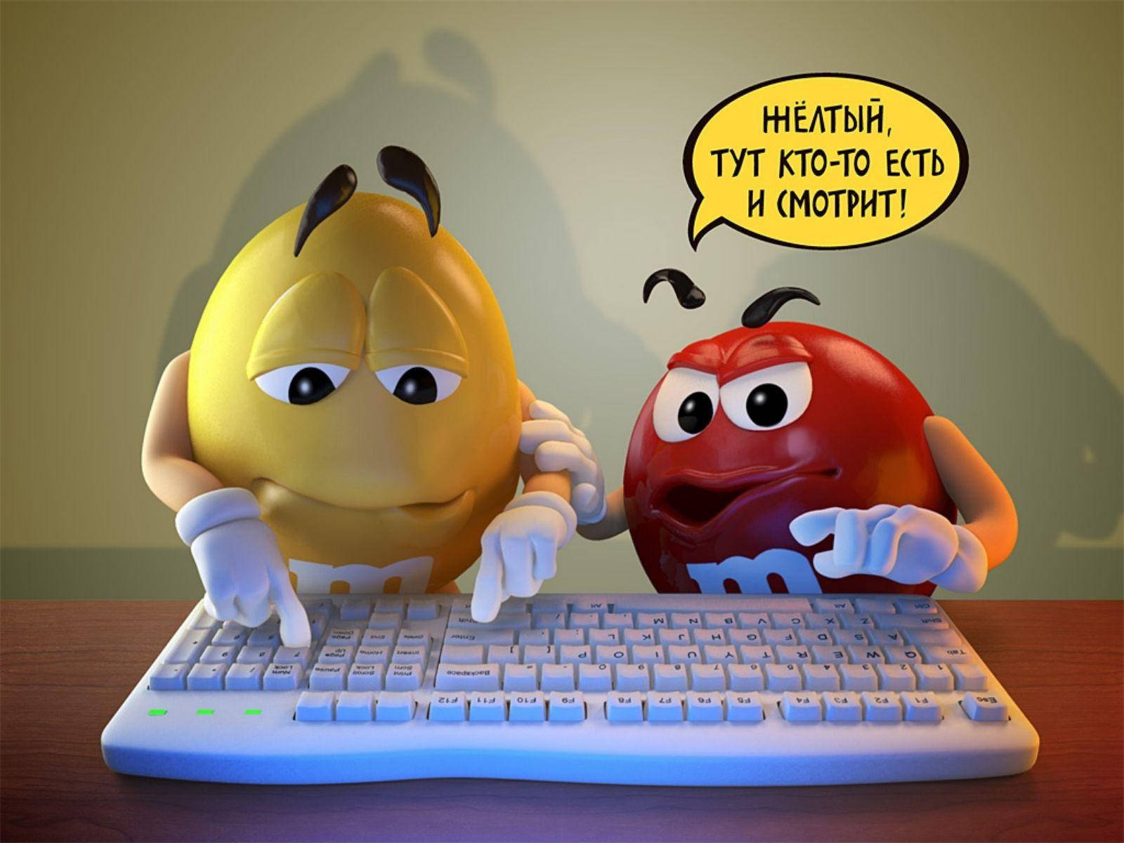 M&M's Yellow and Red Characters, glowing keyboard, shadow, HD Desktop Wallpaper