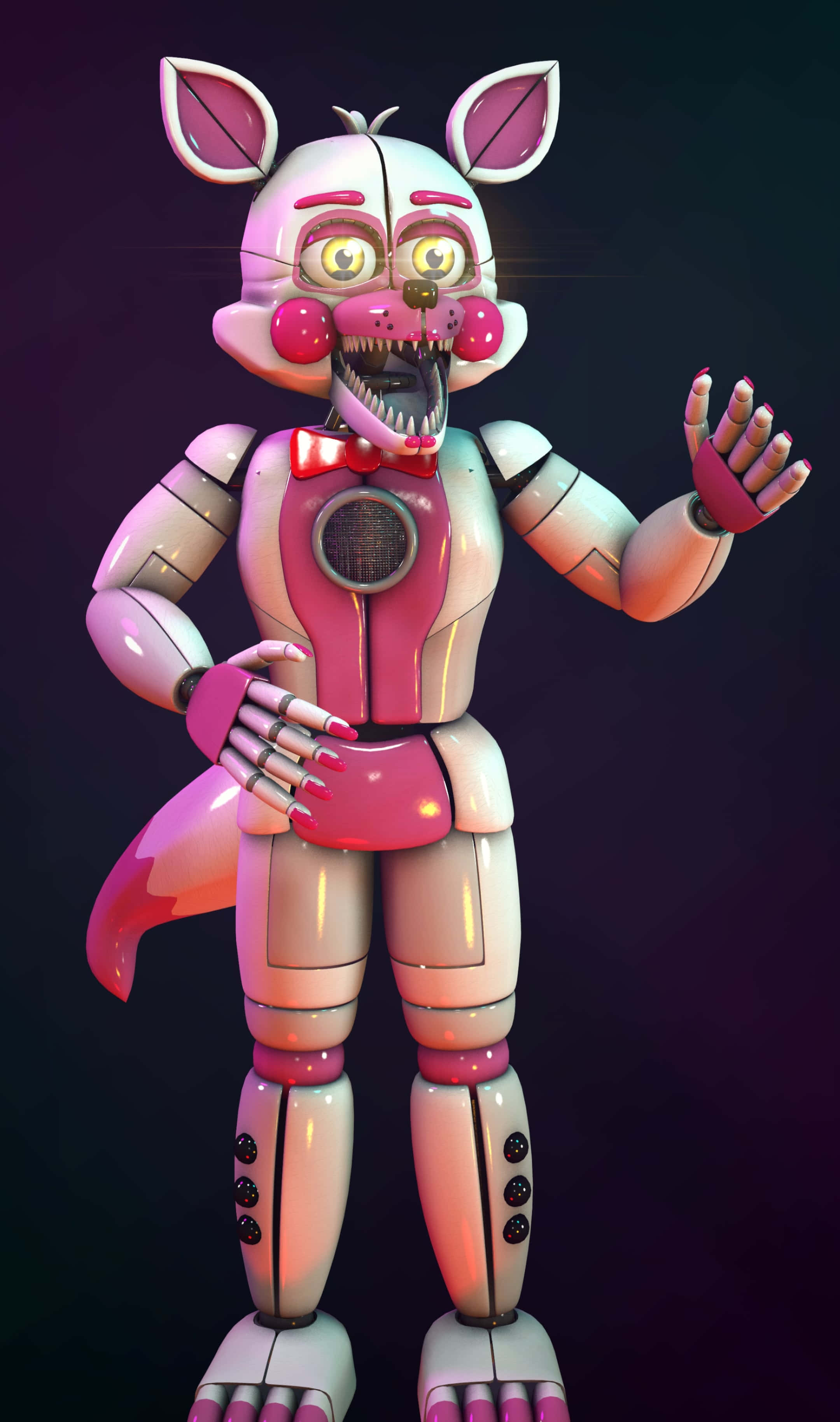 Funtime Foxy, pink animatronic fox, glowing eyes, 2K Phone Wallpaper