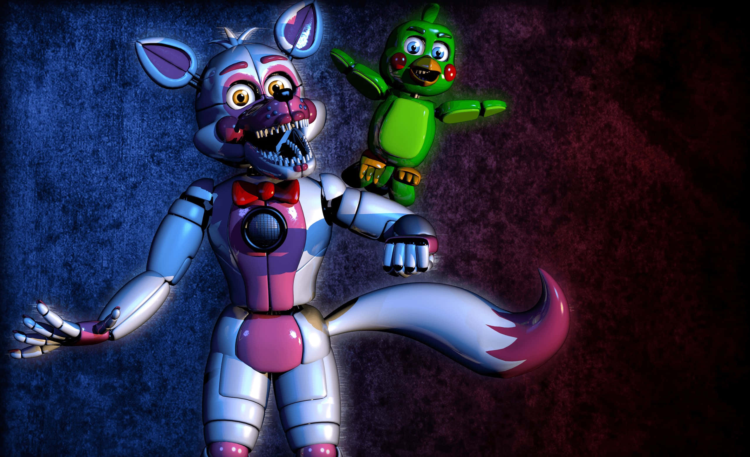 Funtime Foxy, green puppet, broken face, 2K Desktop Wallpaper