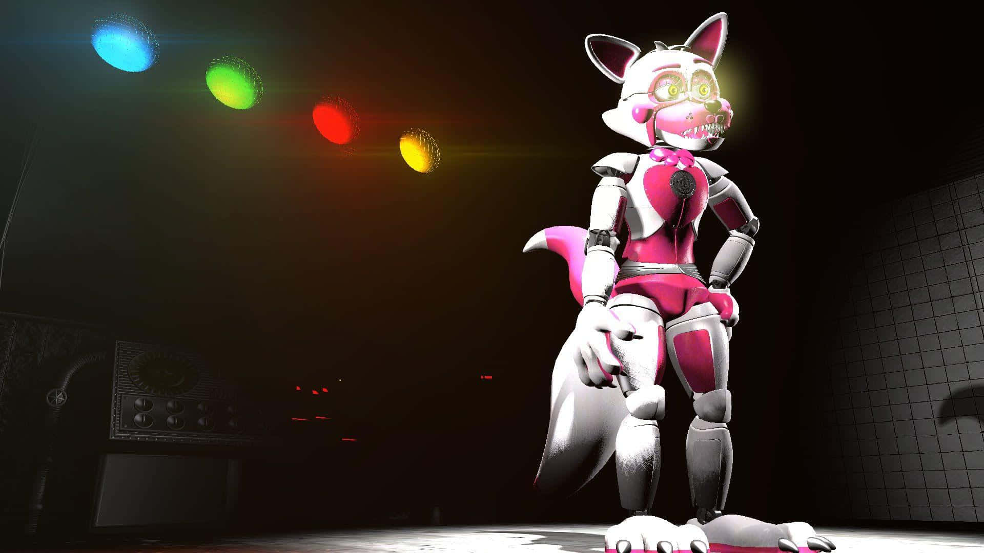 Funtime Foxy, pink and white animatronic fox, colorful stage lights, Full HD Desktop Wallpaper