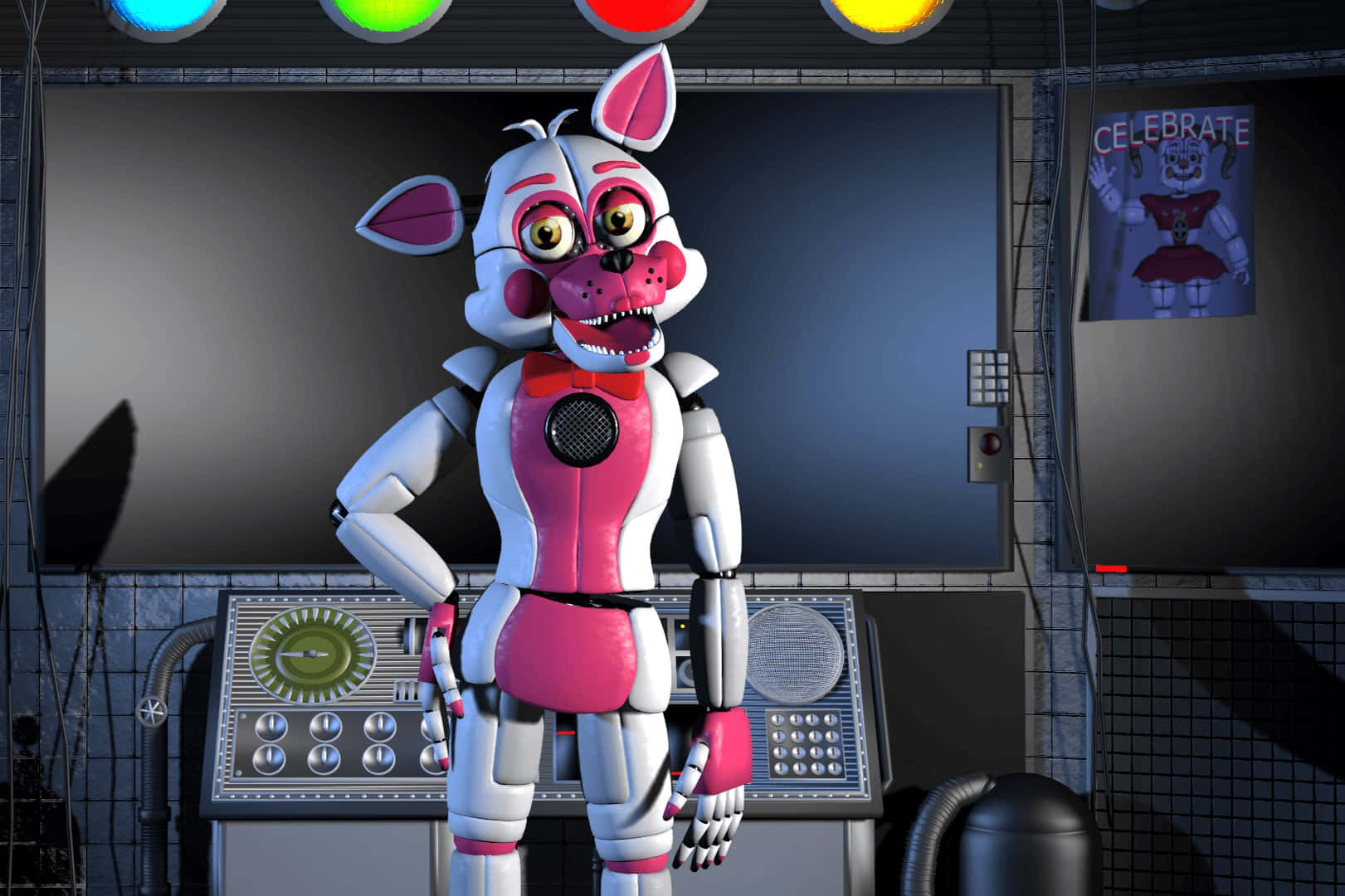 Funtime Foxy, pink and white animatronic rabbit, dimly lit control room, HD Desktop Wallpaper