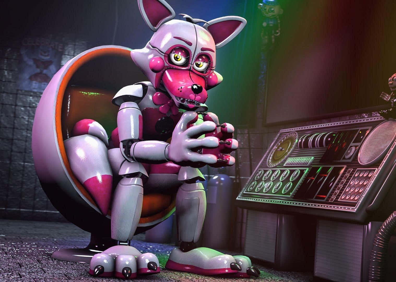 Funtime Foxy, pink animatronic fox, dimly lit control room, HD Desktop Wallpaper