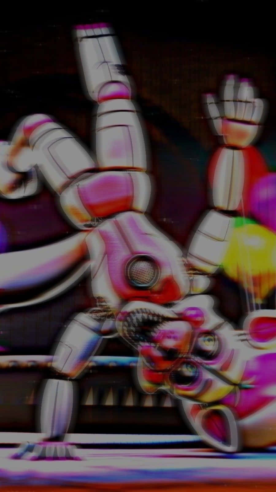Funtime Foxy, glitchy neon-lit scene, distorted animatronic bear, HD Phone Wallpaper