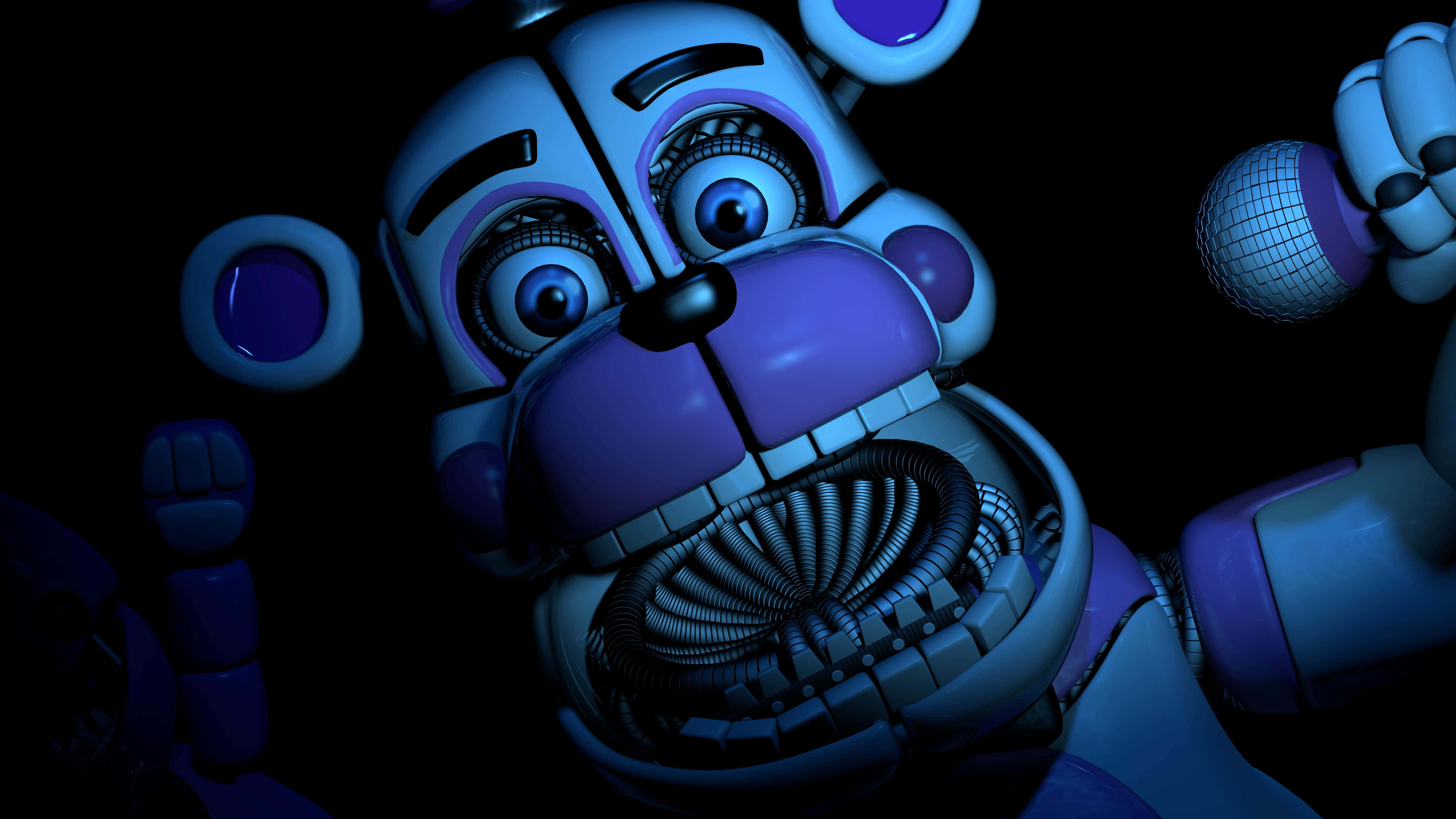 Funtime Freddy, purple animatronic bear, glowing eyes, 5K Desktop Wallpaper