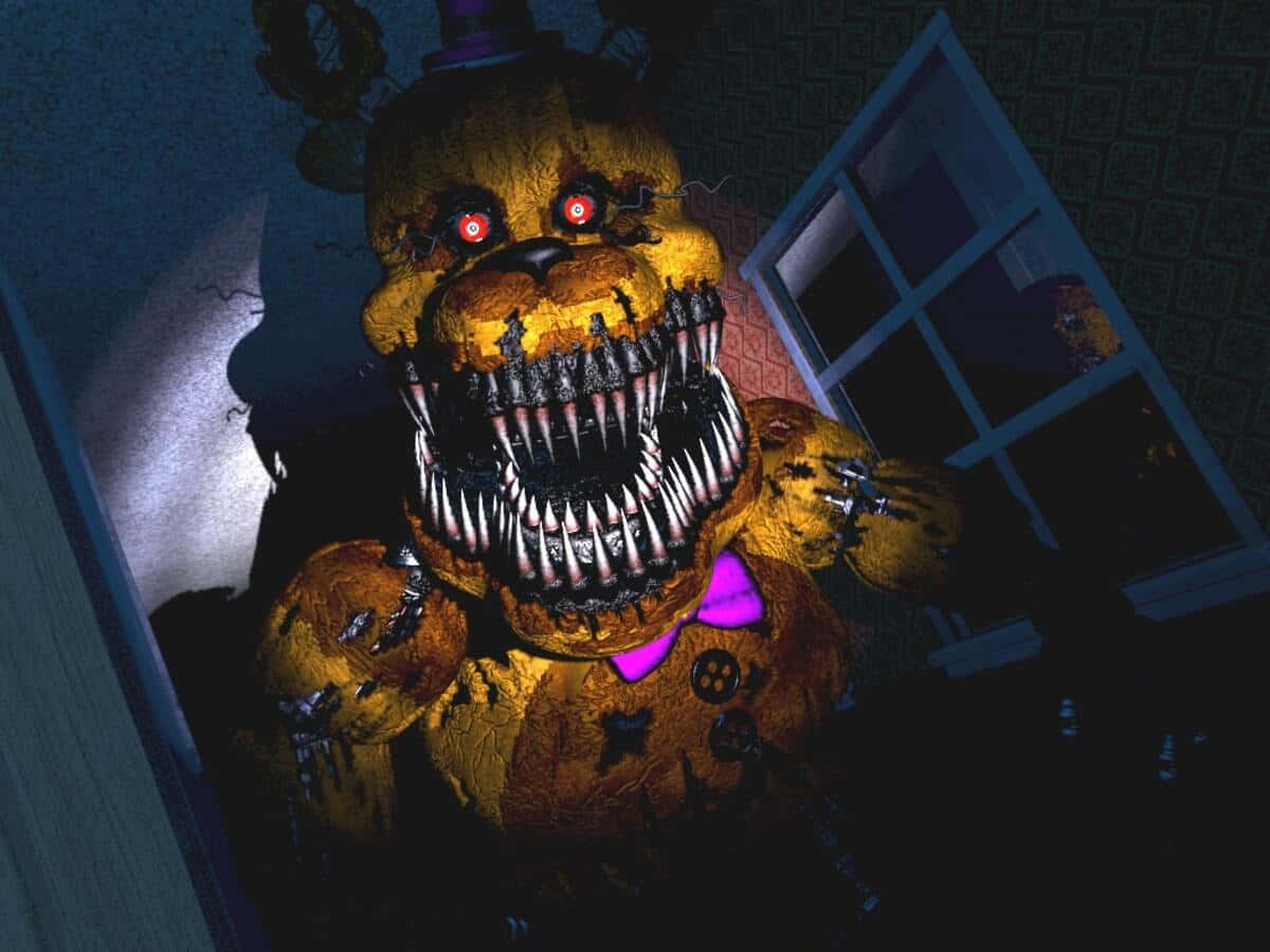 Golden Freddy, yellow animatronic bear, glowing red eyes, SD Desktop Wallpaper