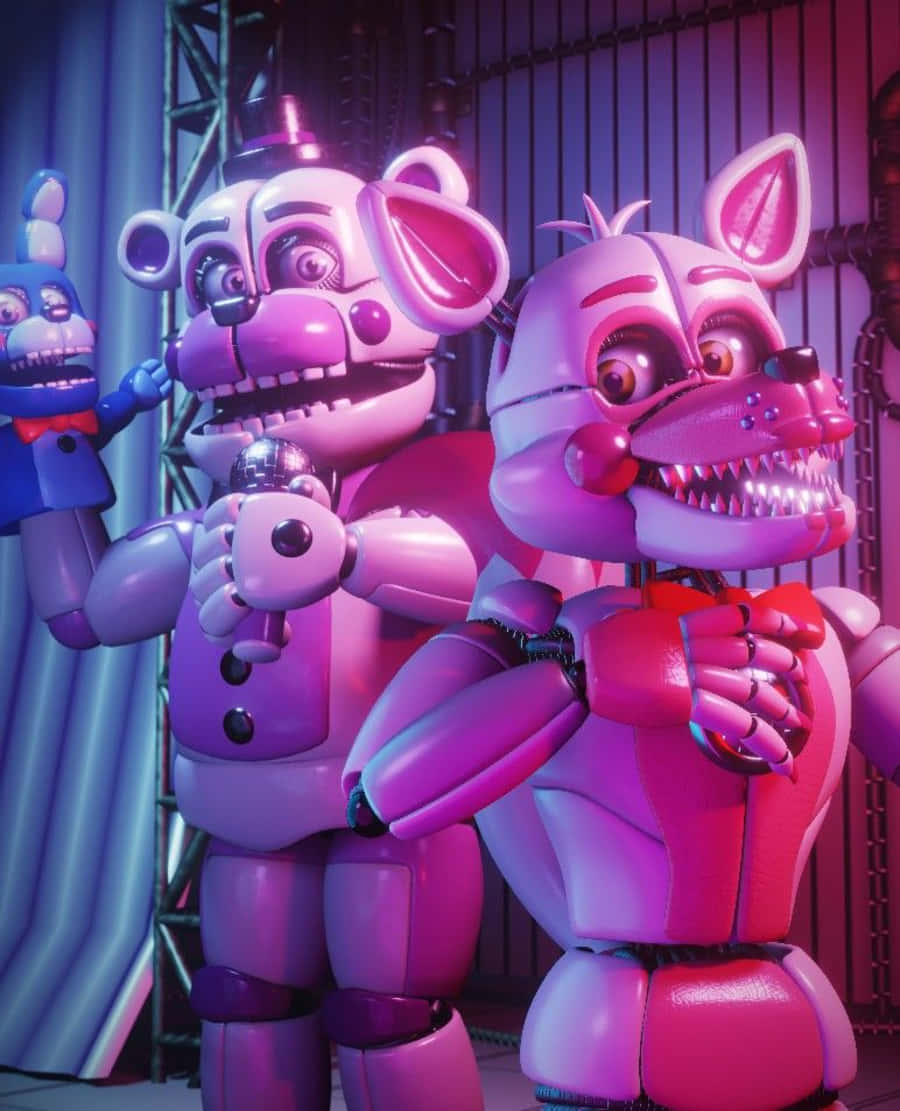 Funtime Freddy, vibrant pink and purple lighting, dimly lit stage setting, SD Phone Wallpaper