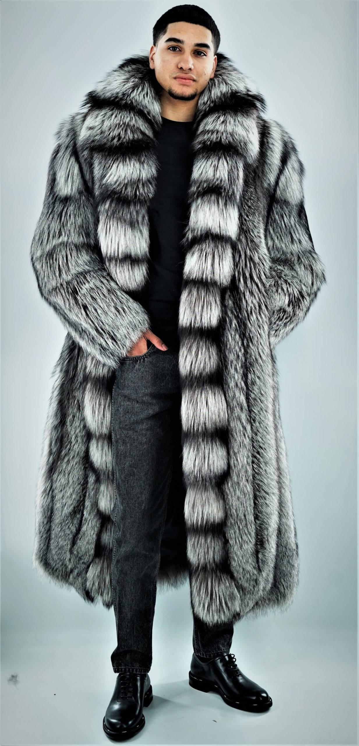 silver and black striped fur coat, man, plain gray studio background, 2K Phone Wallpaper