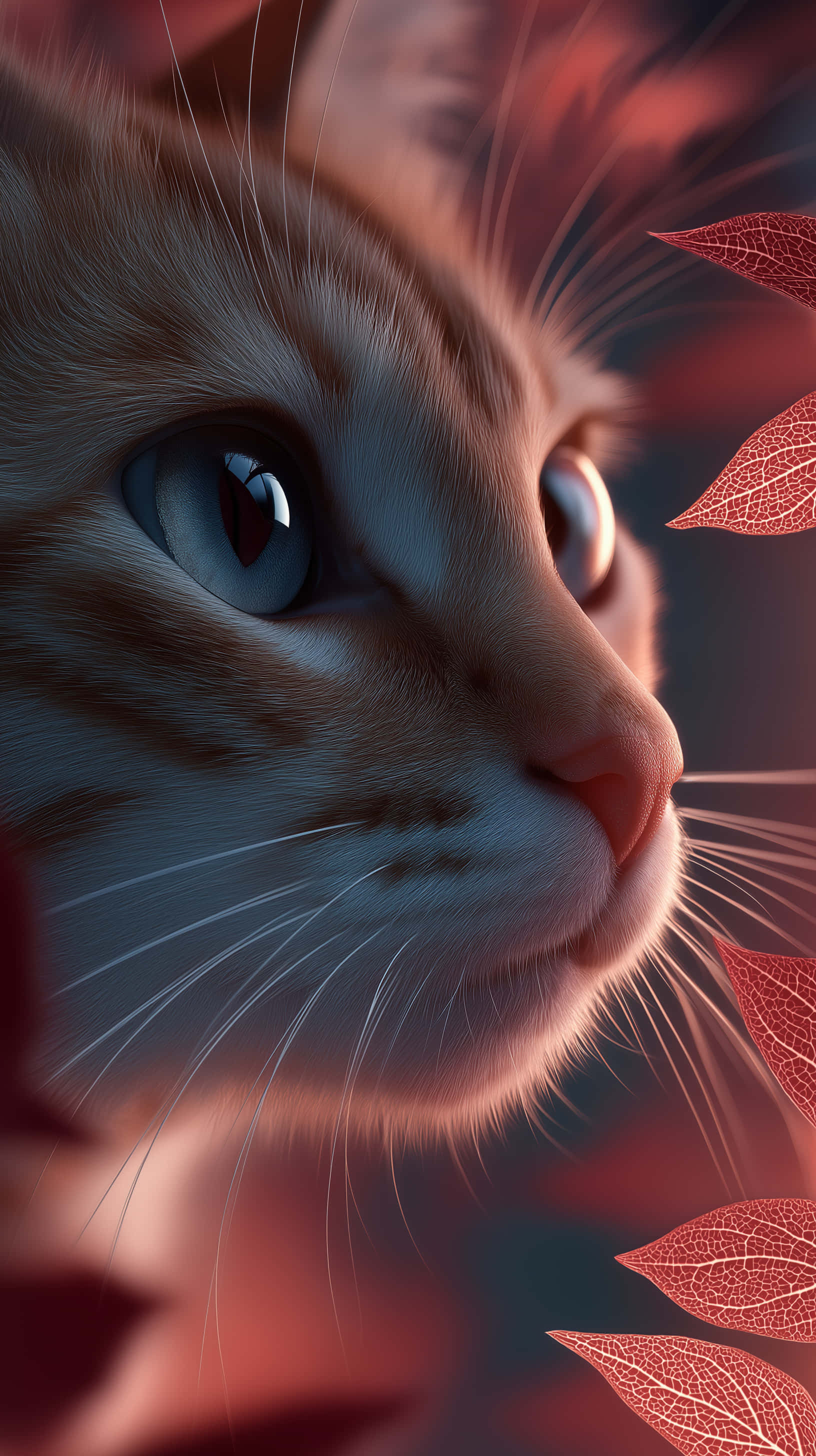 ginger tabby cat, blue eyes, translucent red leaves, 2K Phone Wallpaper