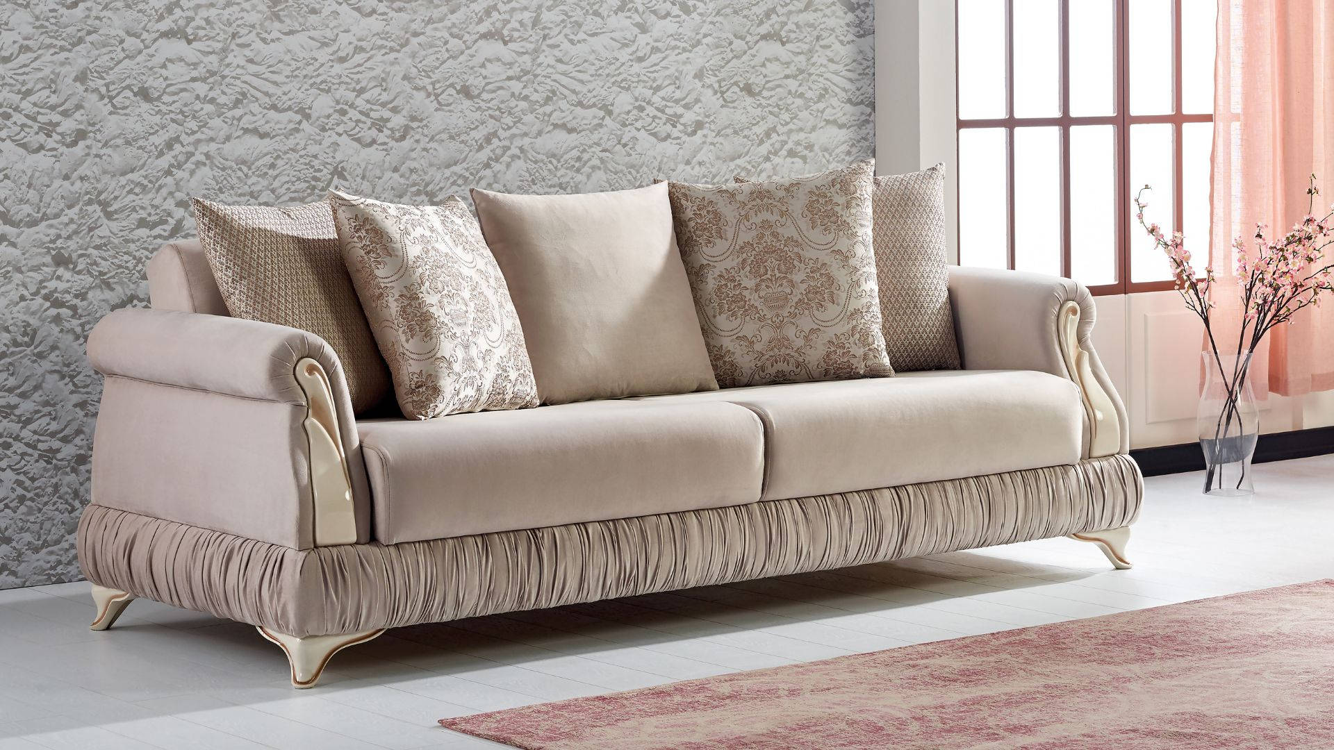 beige sofa, ornate gold legs, patterned pillows, Full HD Desktop Wallpaper