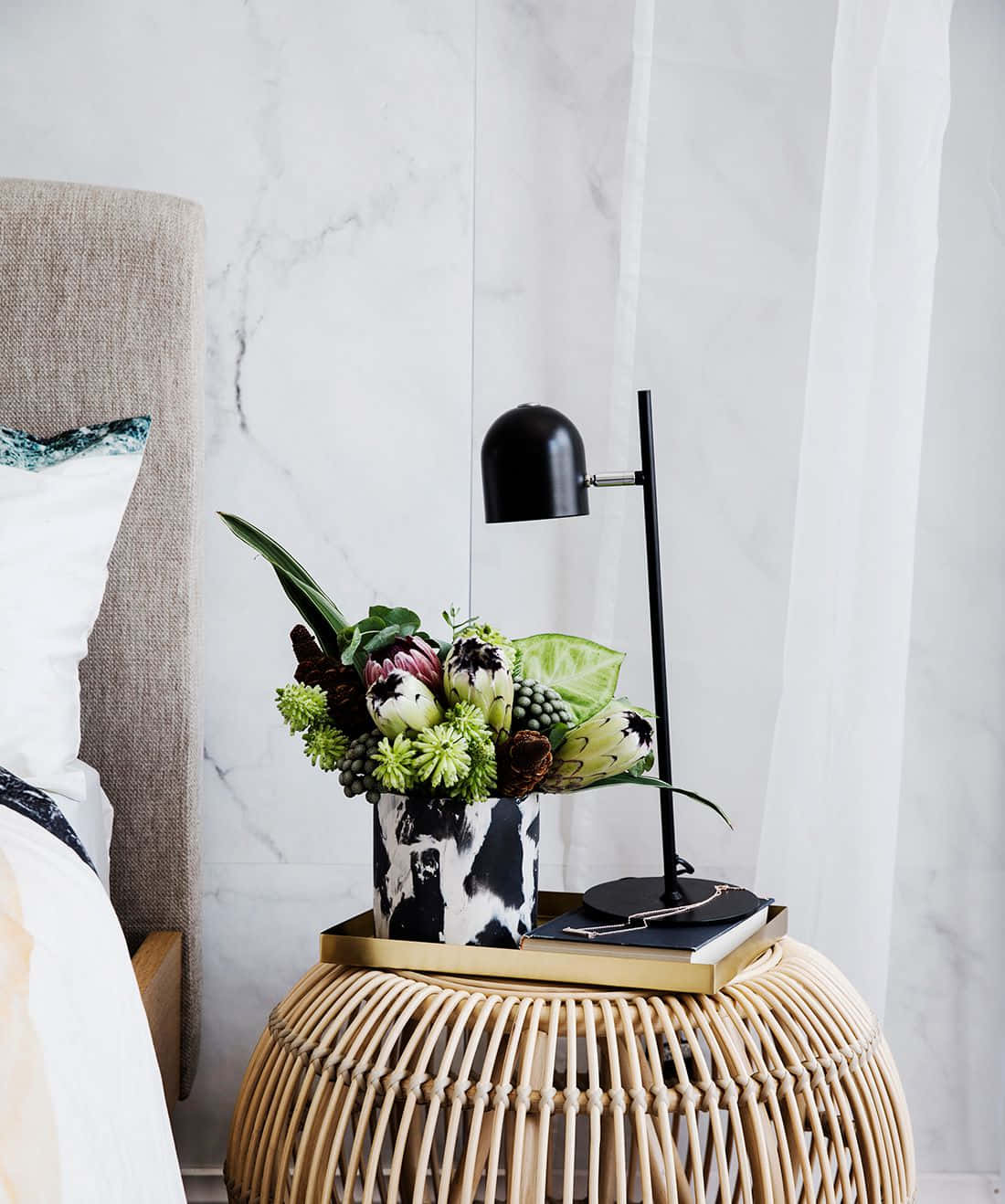 rattan side table, black lamp, bold floral arrangement, HD Phone Wallpaper