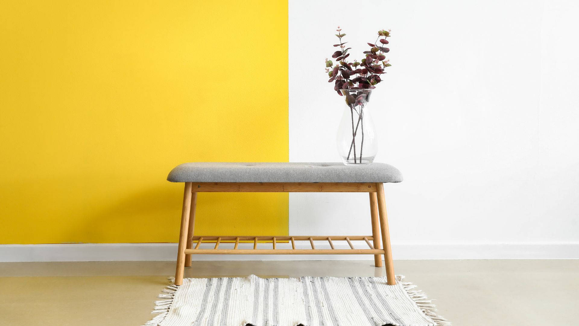 minimalist modern furniture, wooden bench, gray cushion, Full HD Desktop Wallpaper