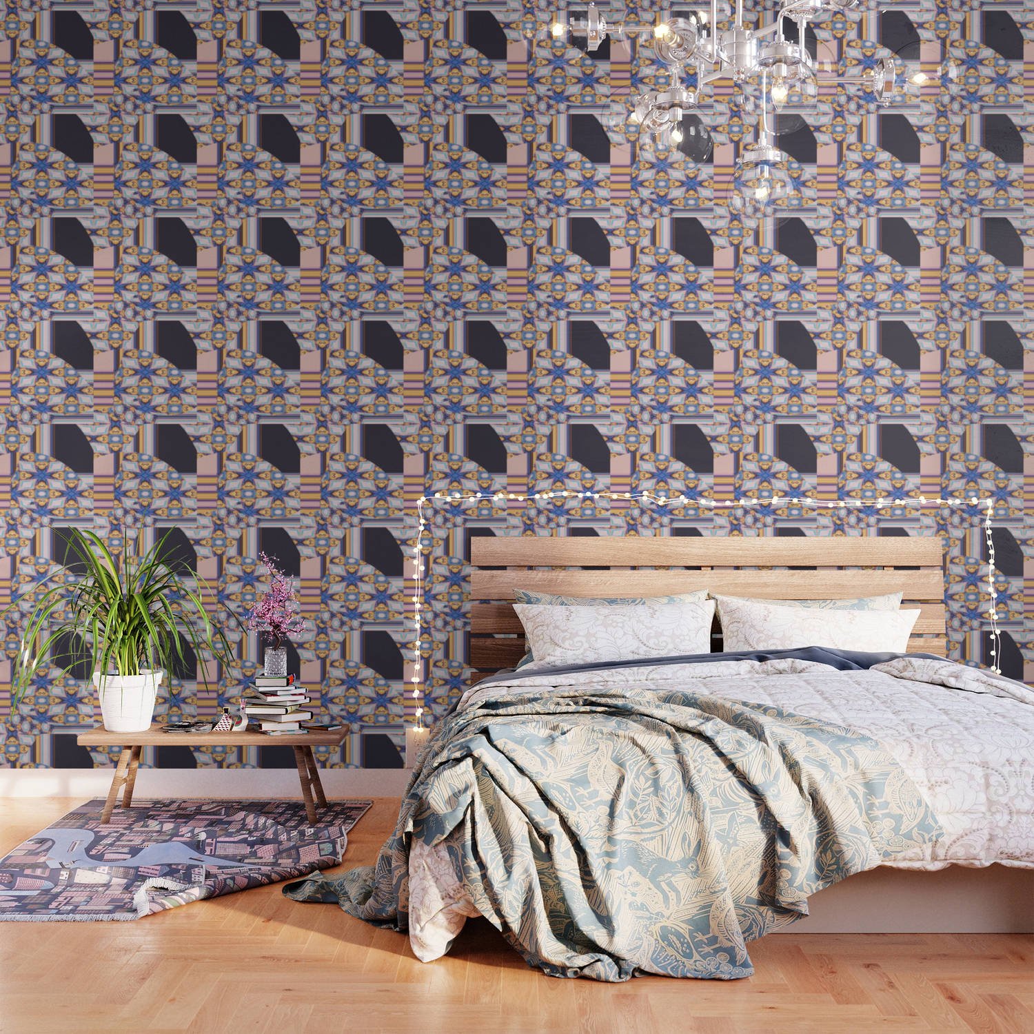 Eccentric Bedroom, patterned bedding, bold geometric wallpaper, HD Desktop Wallpaper