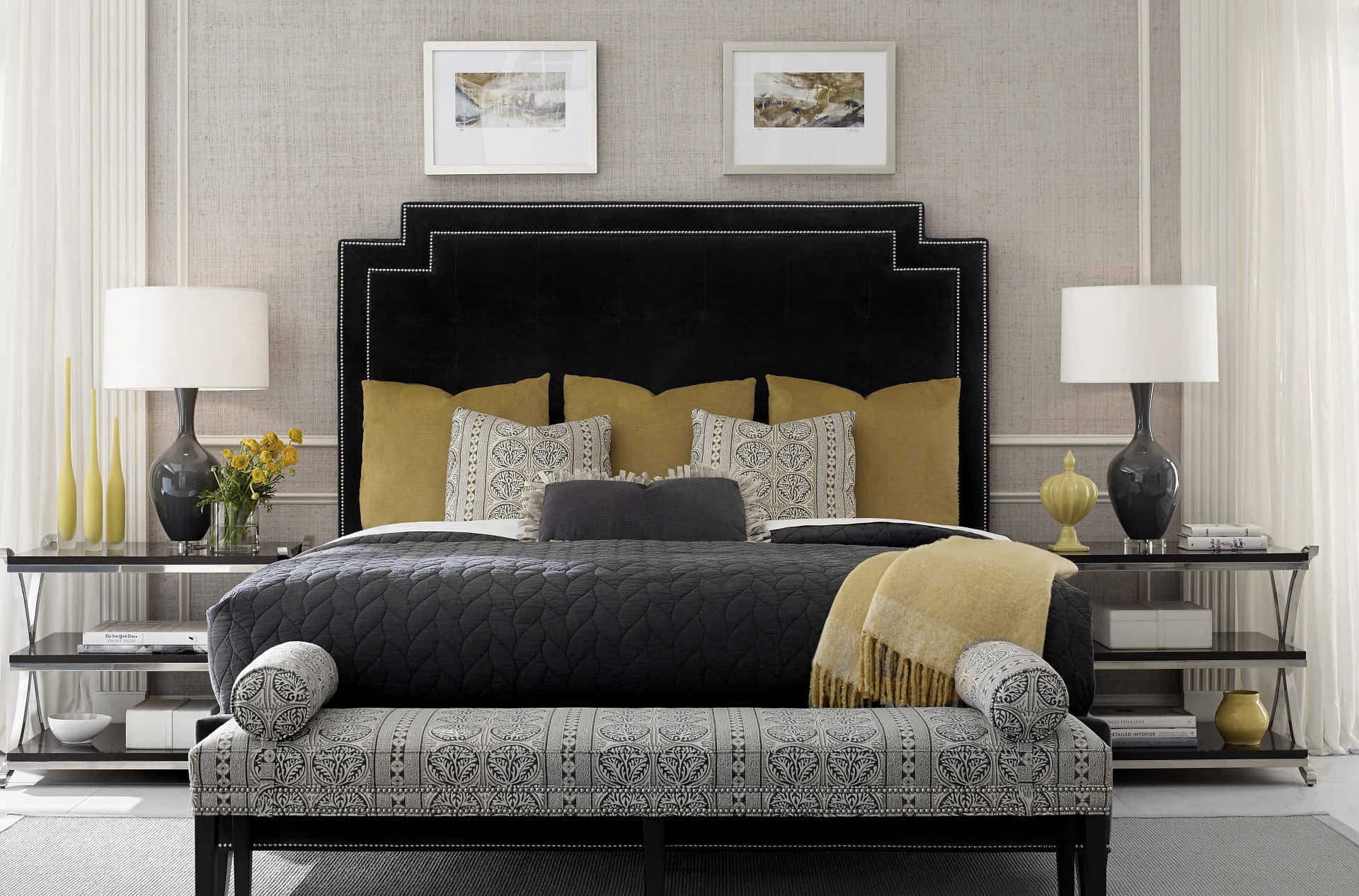California King Bed, black tufted bed, mustard yellow pillows, Full HD Desktop Wallpaper