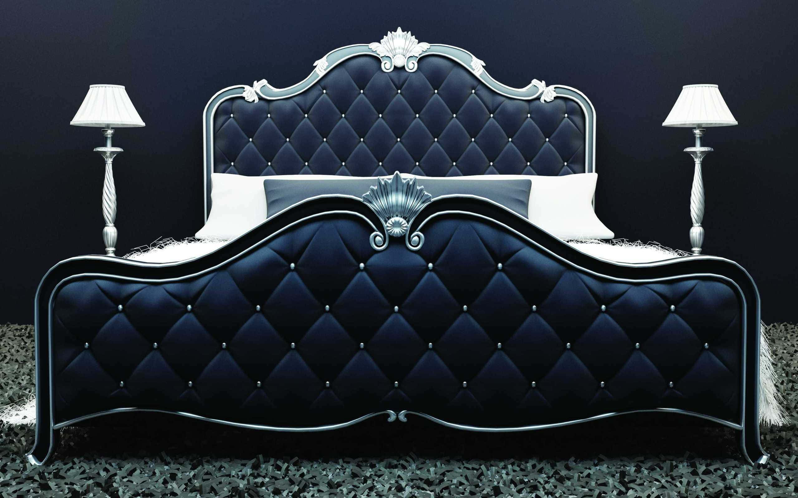 Emerald Luxury Double Bed Frame, navy blue tufted bed, silver ornate frame, 2K Desktop Wallpaper