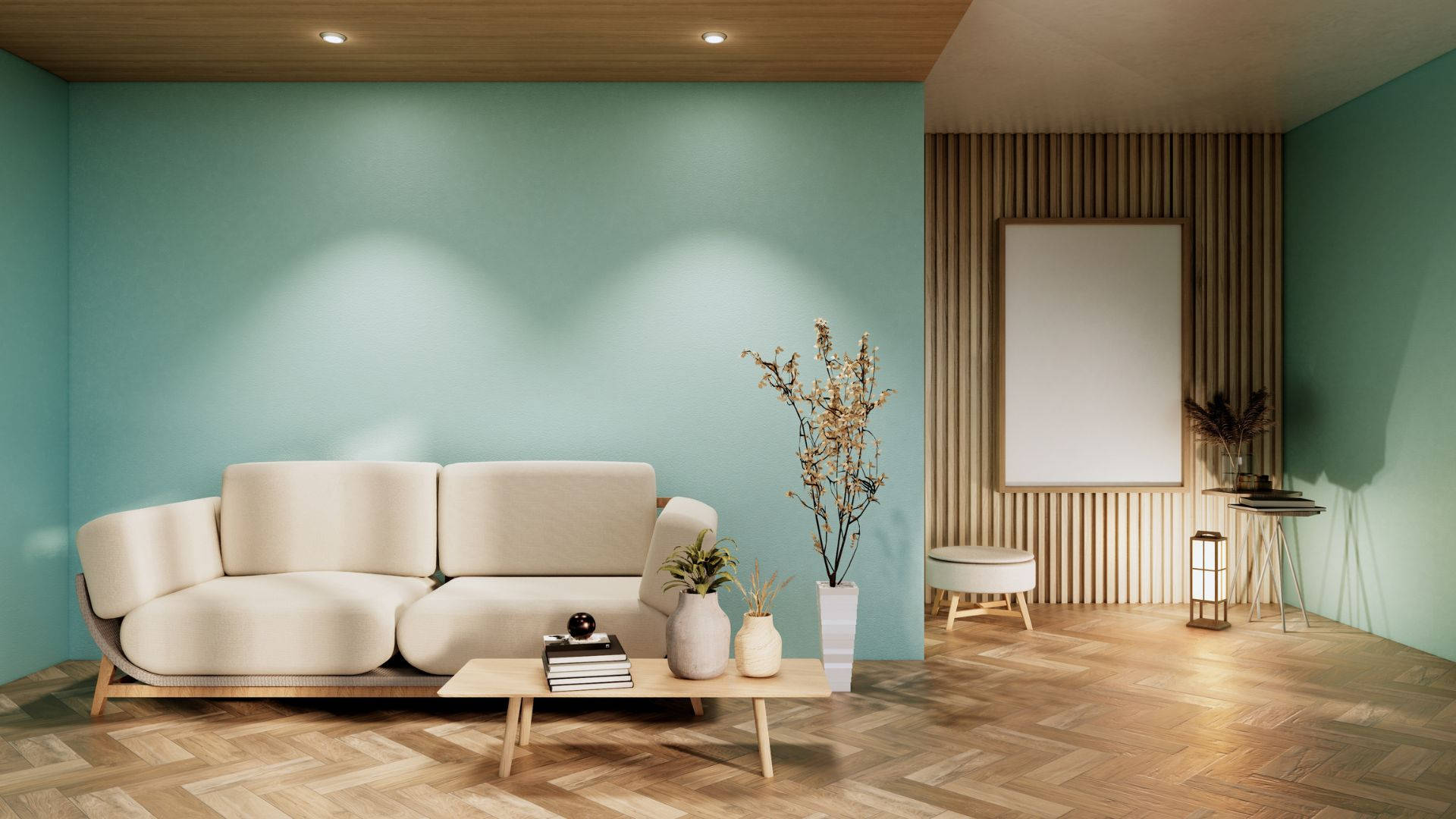 mint colored, living room furniture, beige sofa, Full HD Desktop Wallpaper