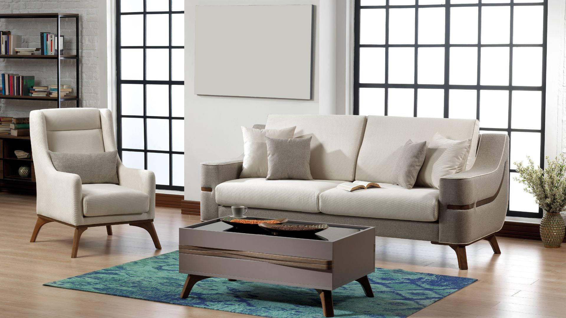 beige, modern beige sofa, armchair with wooden legs, Full HD Desktop Wallpaper