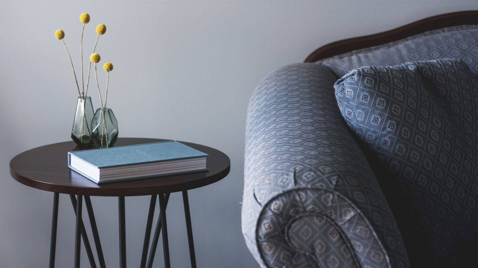 wooden side table, book, yellow dried flowers, Full HD Desktop Wallpaper