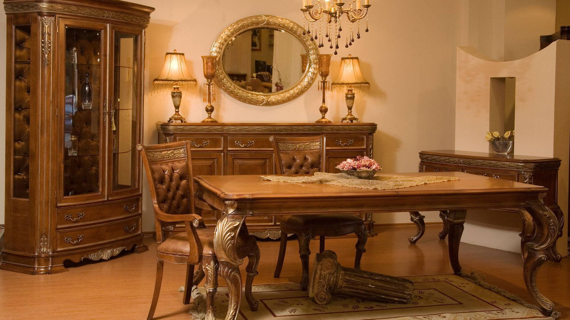 mid century modern style furniture, carved wooden table, tufted chairs, Full HD Desktop Wallpaper