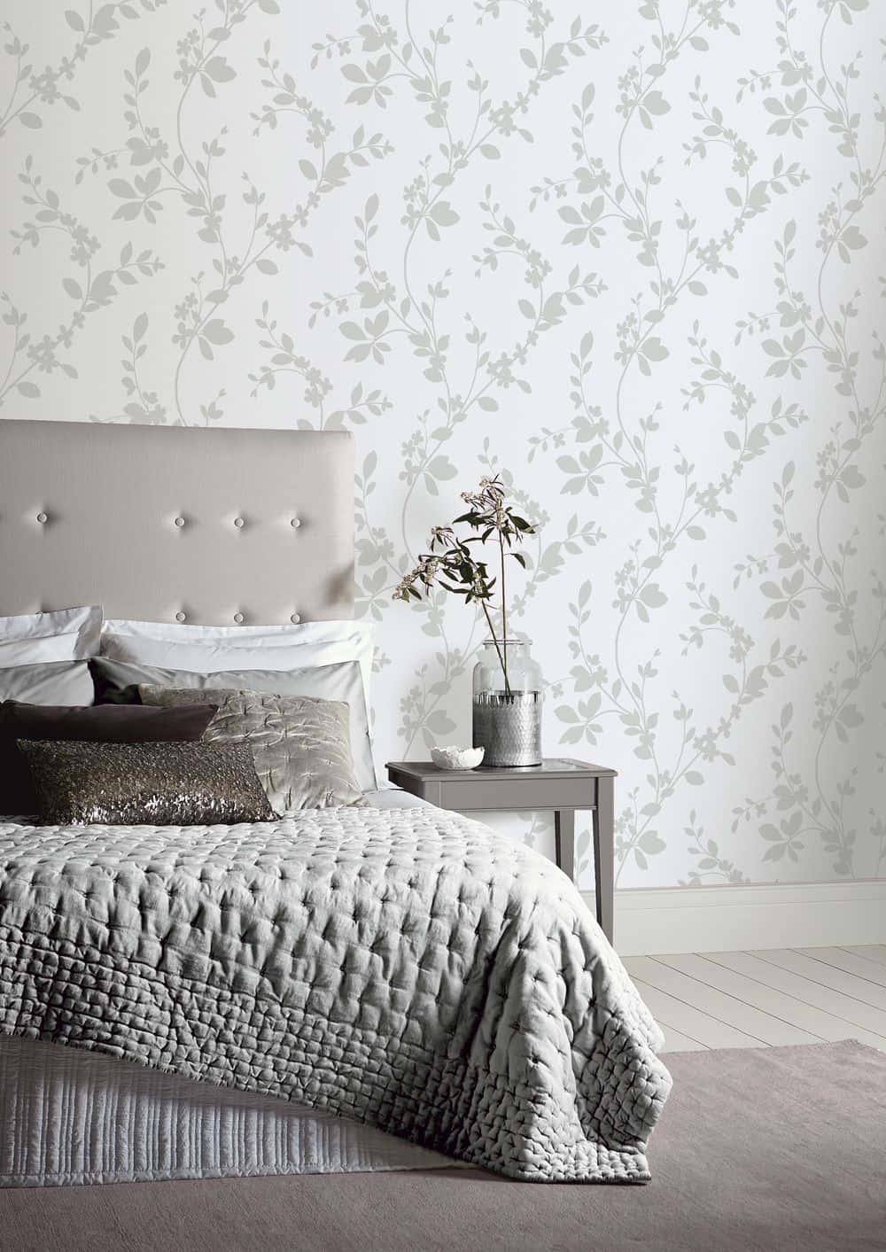 monochrome bed, textured gray bedding, gray vine wallpaper, HD Phone Wallpaper