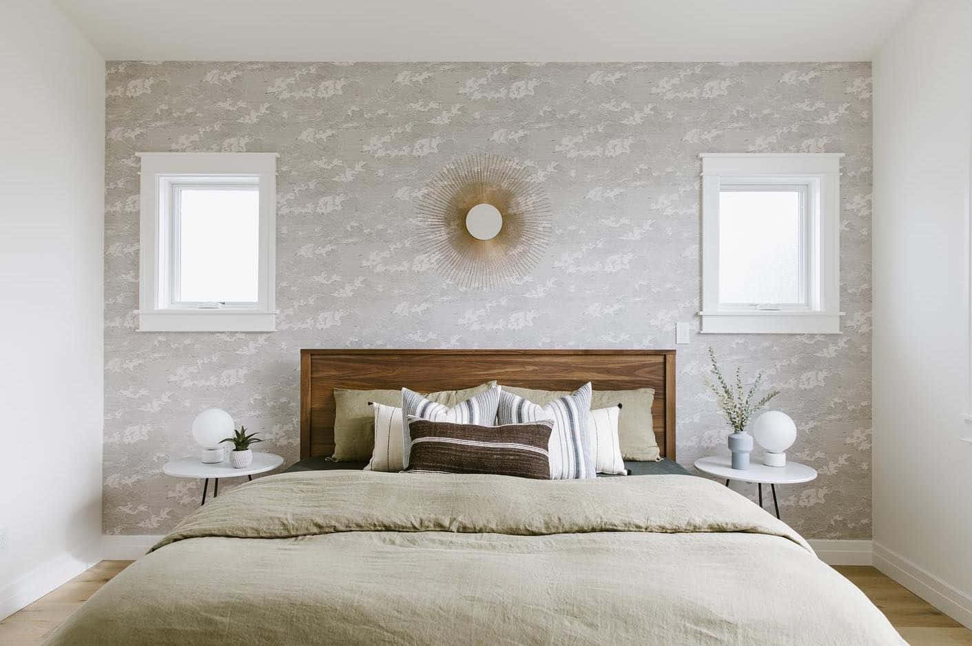 gray bed linen wooden headboard, striped pillows, patterned gray wallpaper, HD Desktop Wallpaper