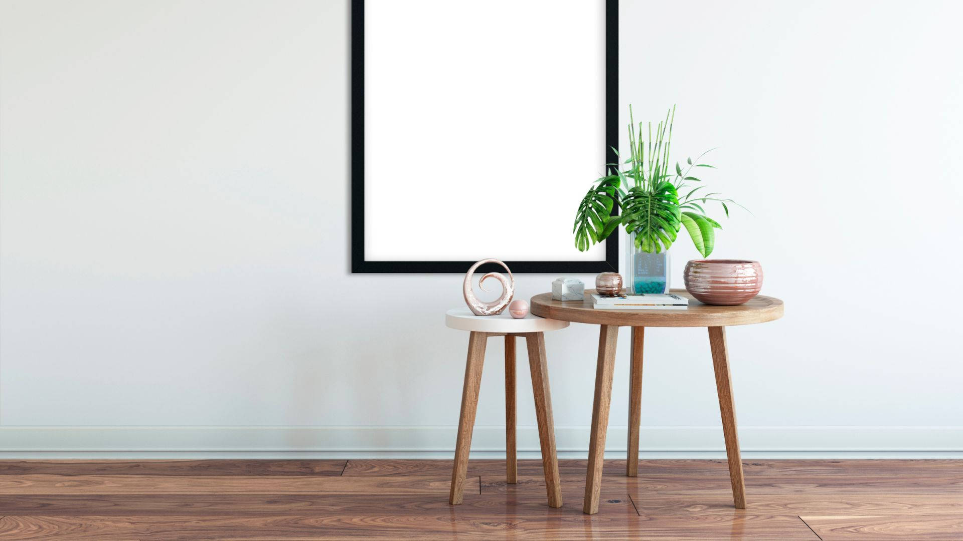 small side table, wooden tables, green plant, Full HD Desktop Wallpaper