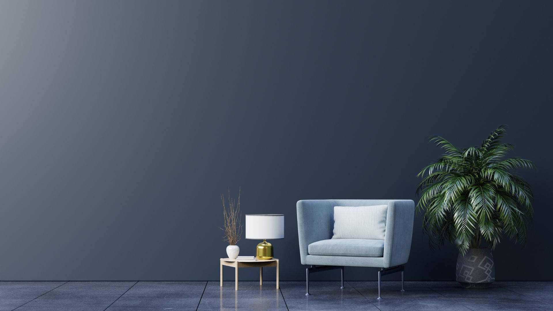light blue armchair, wooden side table, gold lamp, Full HD Desktop Wallpaper