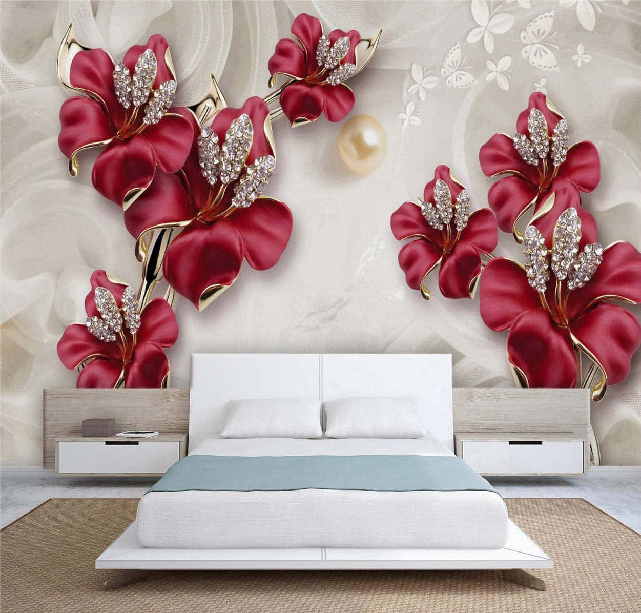 white floating bed, oversized flowers, red jeweled flowers, SD Desktop Wallpaper