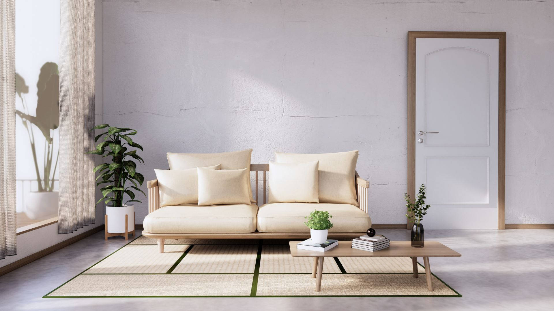 modern japanese design furniture, minimalist living room, beige sofa, Full HD Desktop Wallpaper