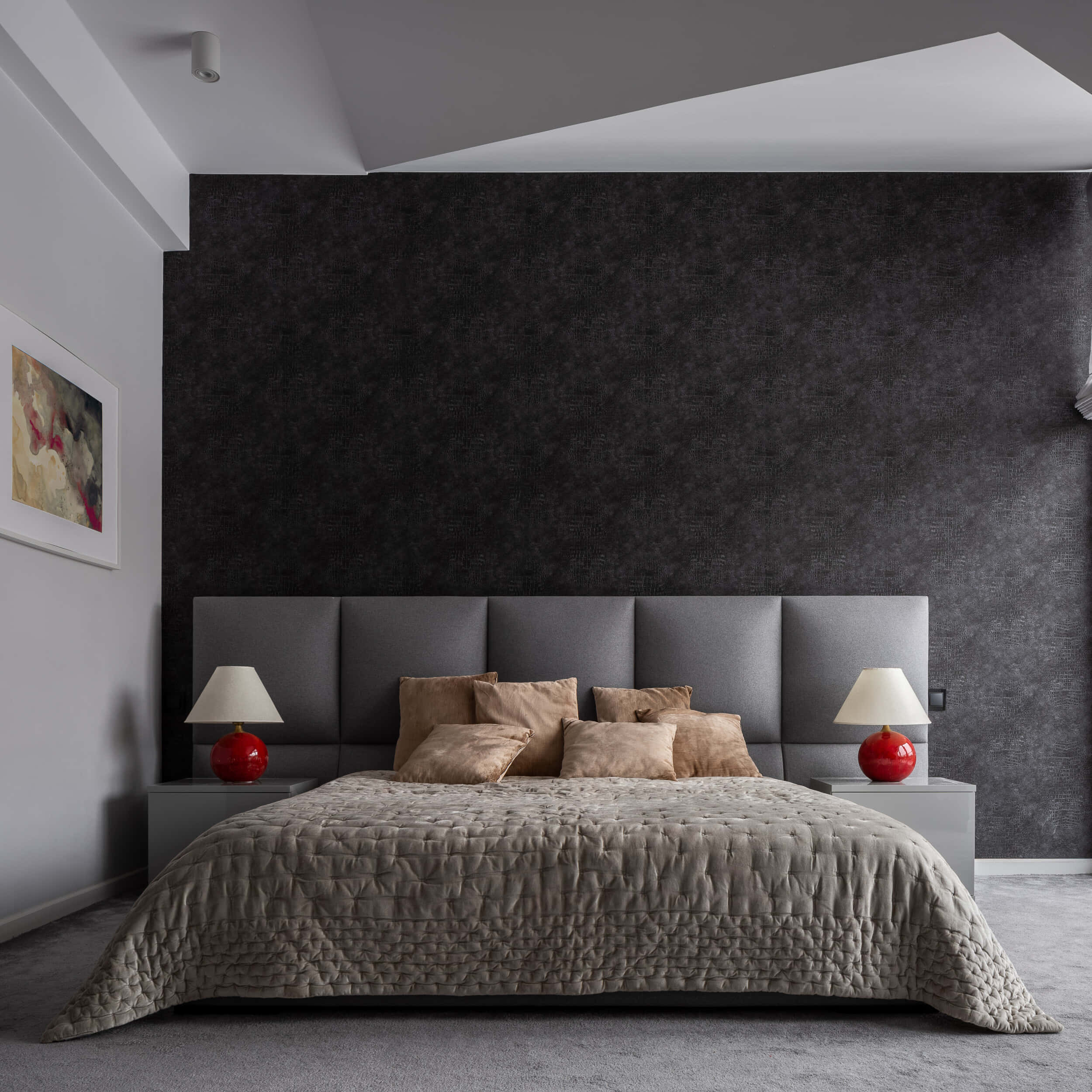 queen size bed, black background, dark textured accent wall, Full HD Desktop Wallpaper