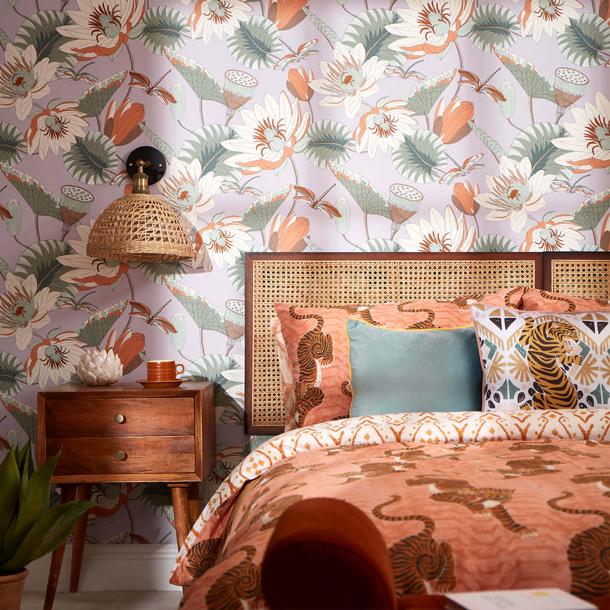 woven bed headboard, floral wall, tropical floral wallpaper, Full HD Desktop Wallpaper