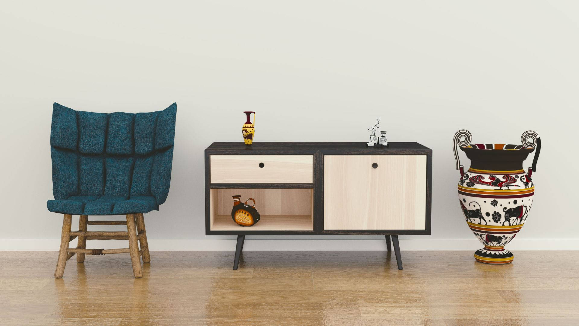 teal, tufted chair, mid-century credenza, Full HD Desktop Wallpaper