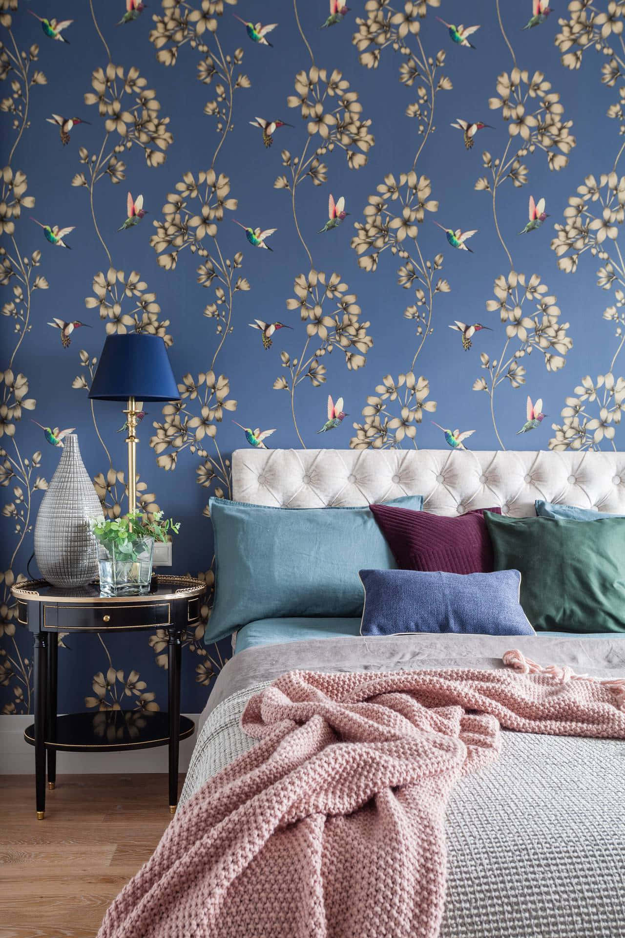 bed, white headboard, colorful pillows, Full HD Phone Wallpaper