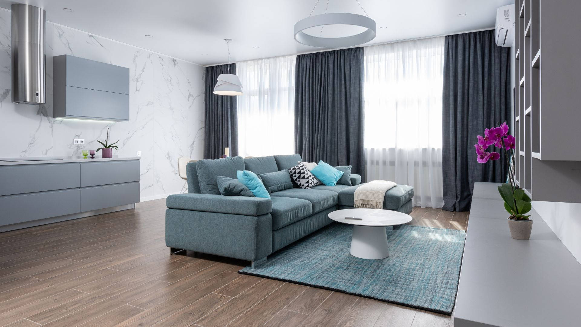 modern couch design, L-shaped furniture, teal sofa, Full HD Desktop Wallpaper