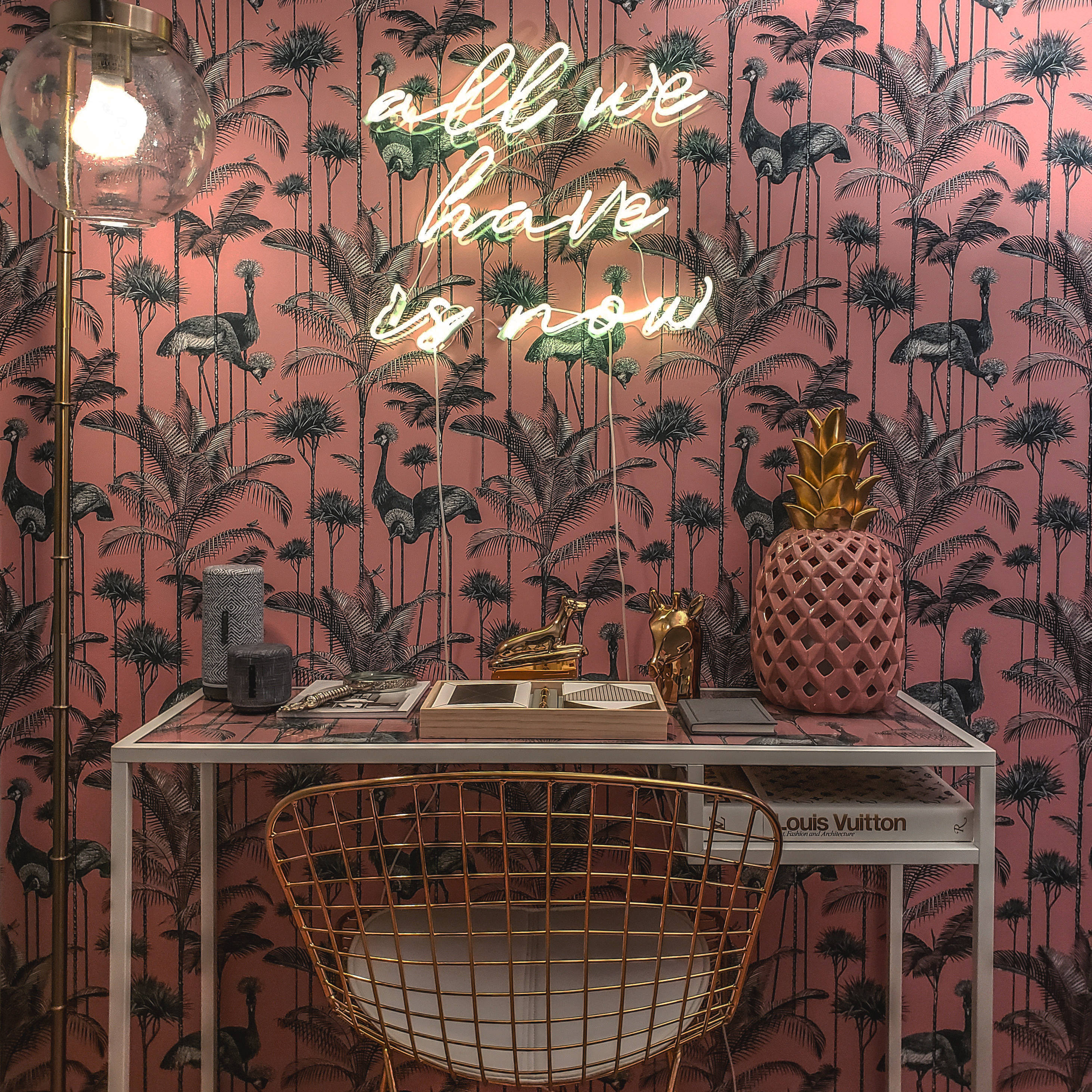 pink wallpaper, black ostriches, palms, 2K Desktop Wallpaper