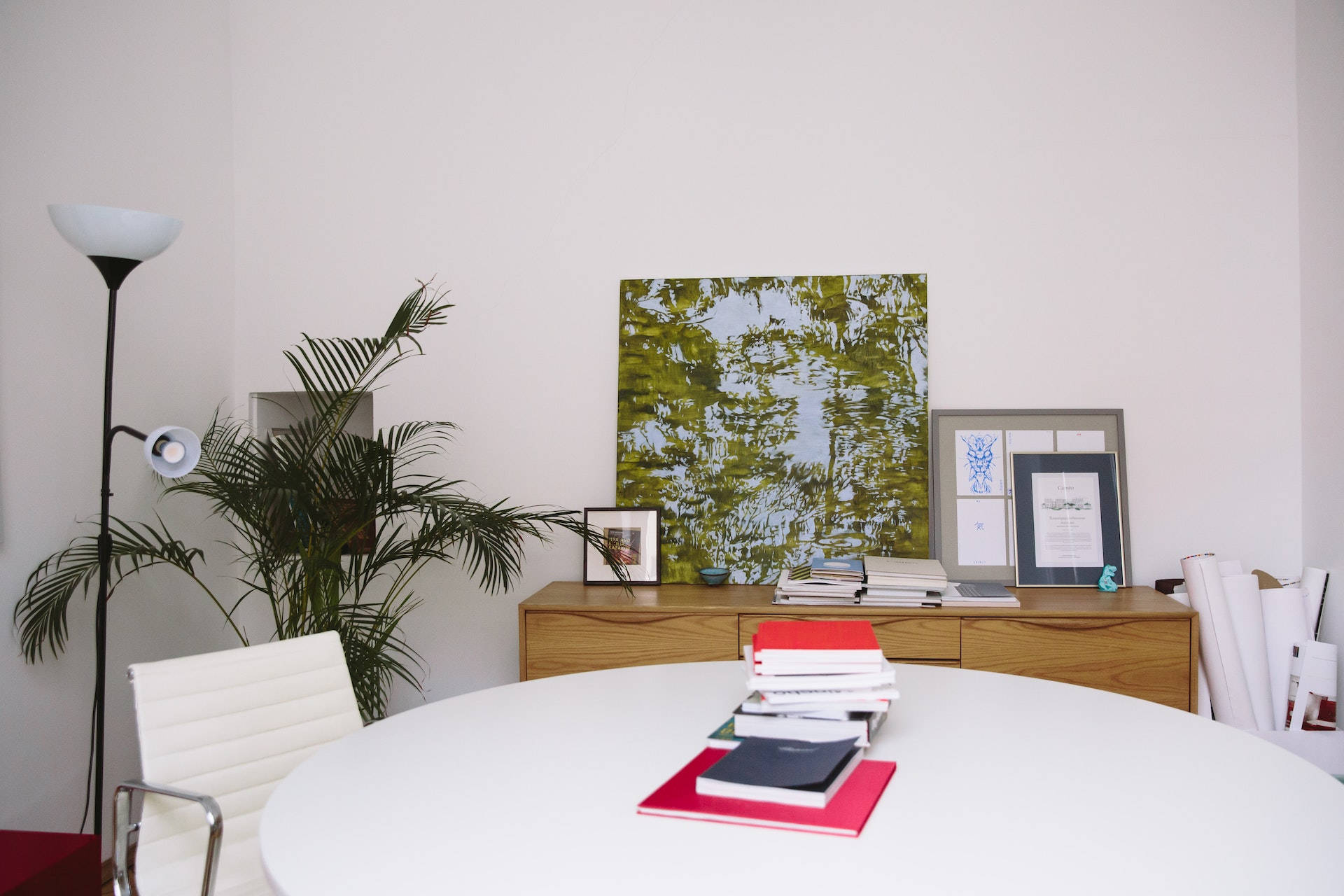 white round table, colorful books, wooden credenza, Full HD Desktop Wallpaper