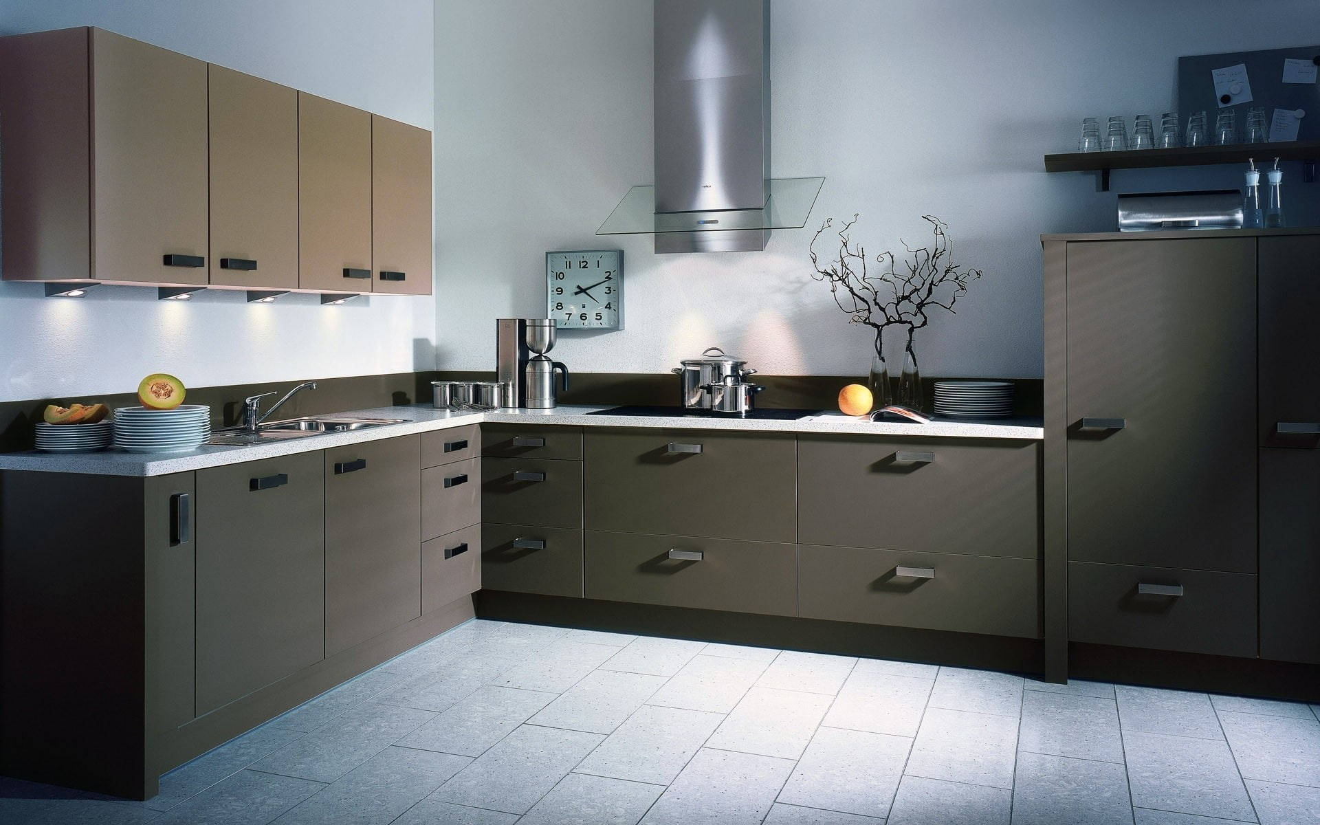 kitchen, tiled floor, taupe cabinets, Full HD Desktop Wallpaper