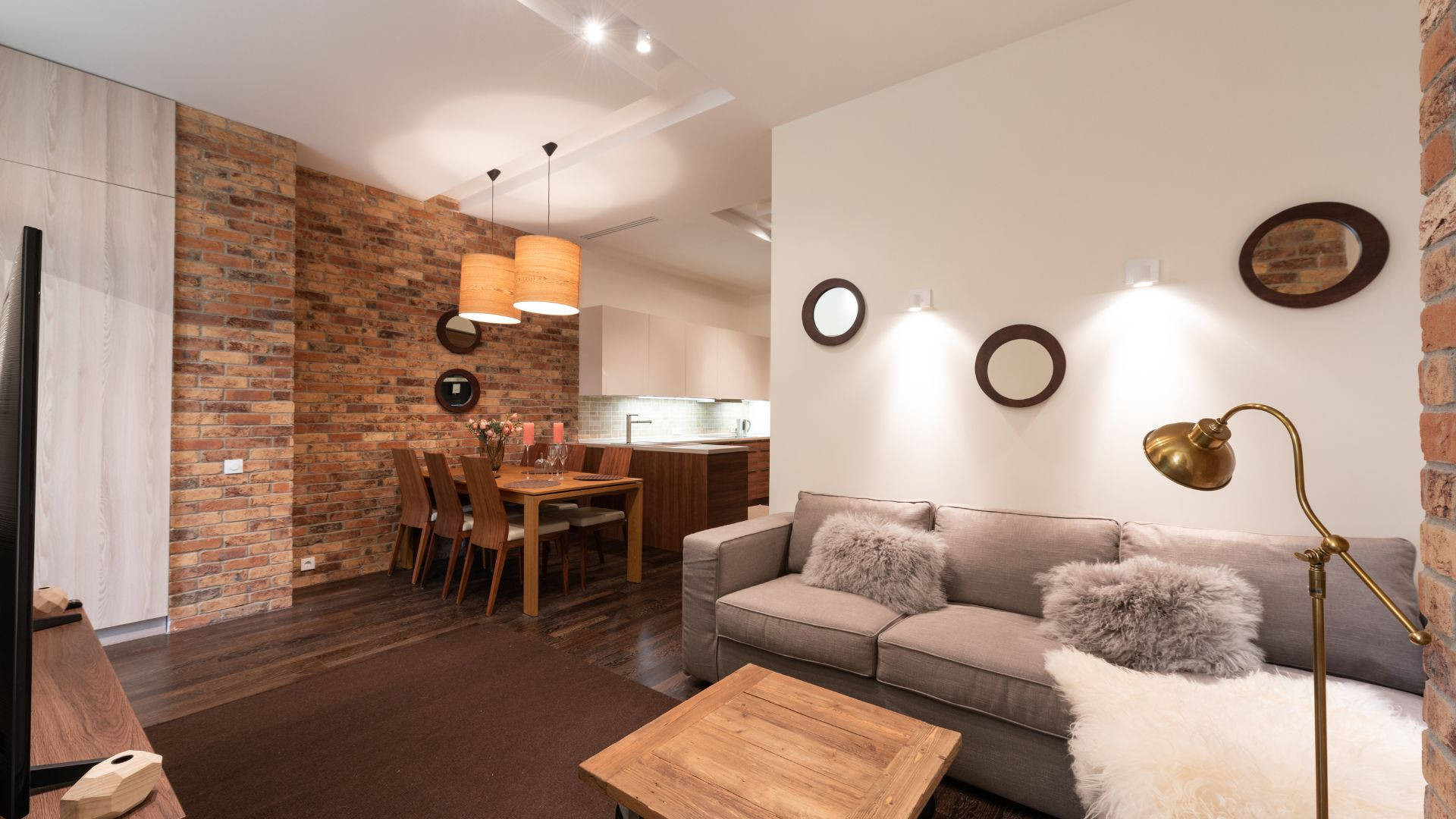modern rustic living room, exposed brick walls, warm wooden furniture, Full HD Desktop Wallpaper