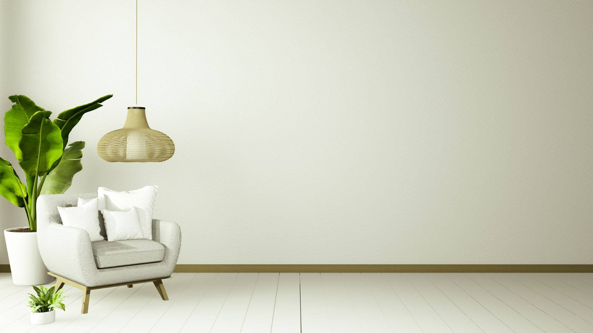 white armchair, woven pendant light, large green plant, Full HD Desktop Wallpaper
